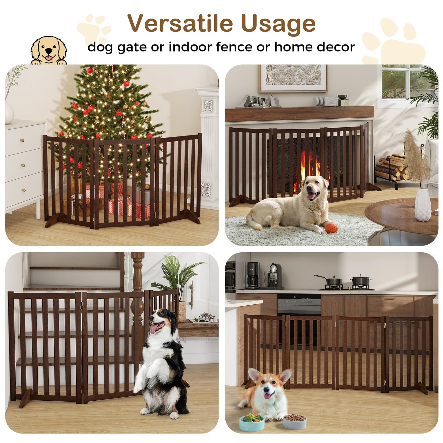 30" Height Tall Freestanding Pet Gate, Solid Wood Folding Safety Fence Wooden Dog Gate with 2 PCs Support Feet Ideal for Stairs, Doorways, Halls, Kitchens, Heavy Duty Gates, 4 Panels, Walnut