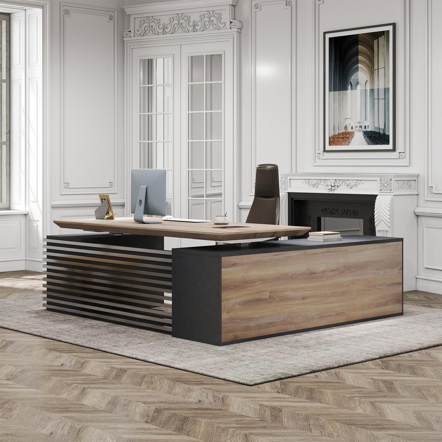 ONNAHOMEStlyle 70.87IN Adjustable Heigh L Shaped Executive Desk w/Cabinet Storage, Modern Computer Standing Home Office Desk w/File Cabinet, AC/USB, Large Writing Table Business Workstation