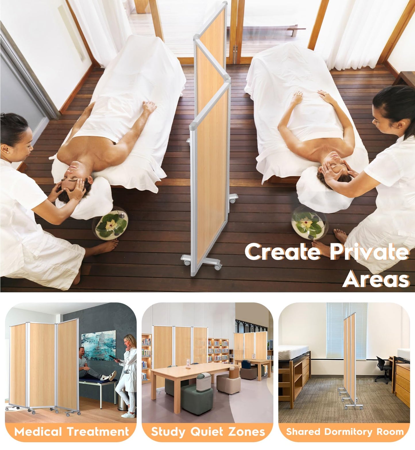 SWANCROWN Folding Office Partition 3-Panel Room Divider 71x71 in, Sliding Privacy Screen Portable Temporary Wall for Cubicle, Studio & Home Office, Wood Grain