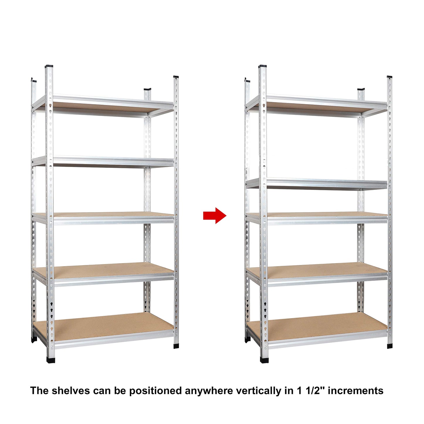 Amazon Basics 5-Tier Medium Duty Storage Shelving, Garage Storage Rack, Double Post Press Board Shelf, Adjustable, Easy Assembly, Space-Saving, Aluminum, 48" x 18" x 72"