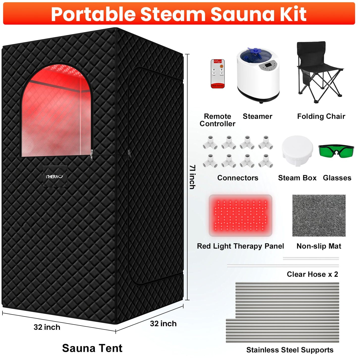 Portable Infrared Sauna Box for Home, Full Body Steam Sauna Tent with 660nm & 850nm Red Light Therapy Lamp, 3L 1200W Fast-Heating Steamer, Adjustable Temp & Remote Control for Relaxation, Detox