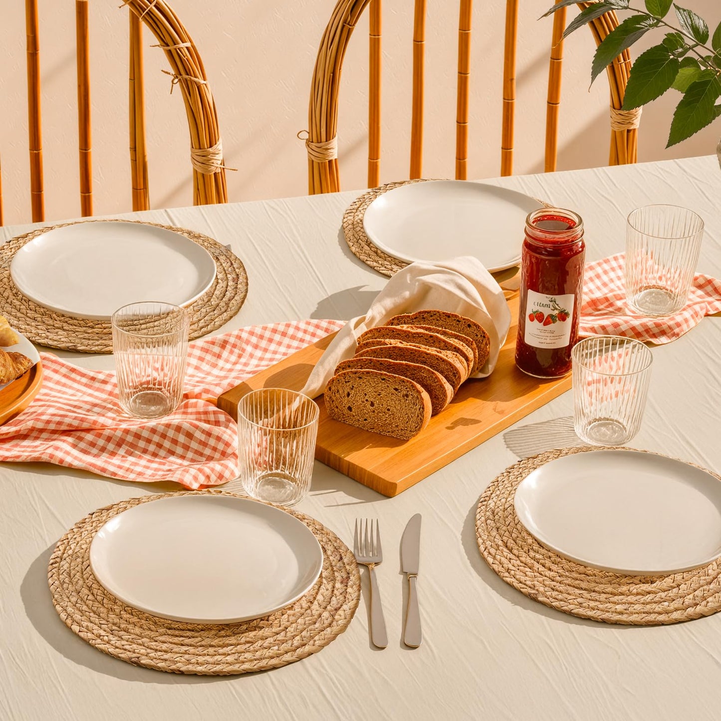 Aofmee 12 inch Round Woven Placemats Set of 6, Boho Rattan Place Mats, Natural Water Hyacinth Table Placemats, Farmhouse Weave Table Mats, Rustic Braided Wicker Charger Plates for Dining Table Decor