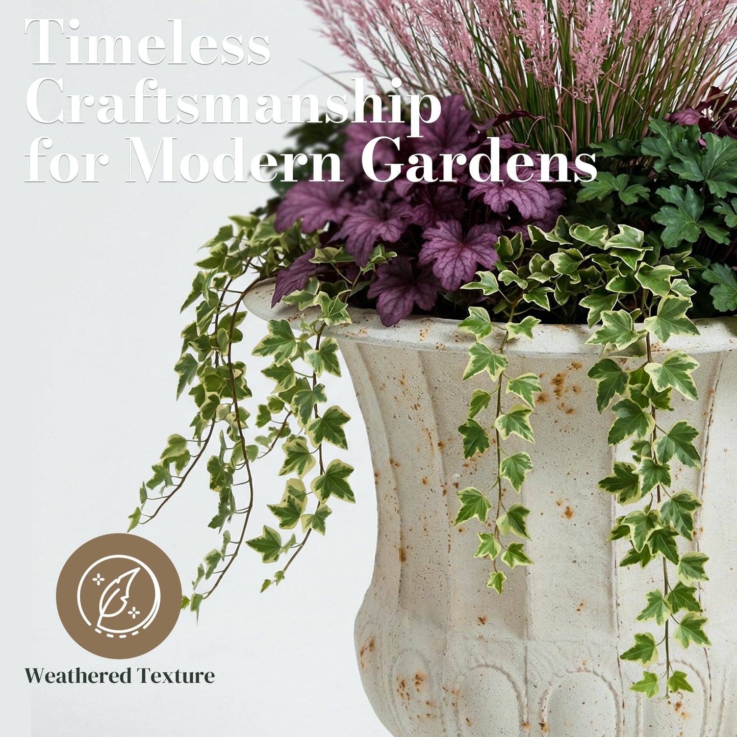 Worth Garden 25" H. Metal Urn Planters 2-Pack - White Classic Antique Iron Plant Pots - Large Decorative Rustic Flower Pots for Outdoor Use - Traditional Urn Planter for Patio, Front Porch