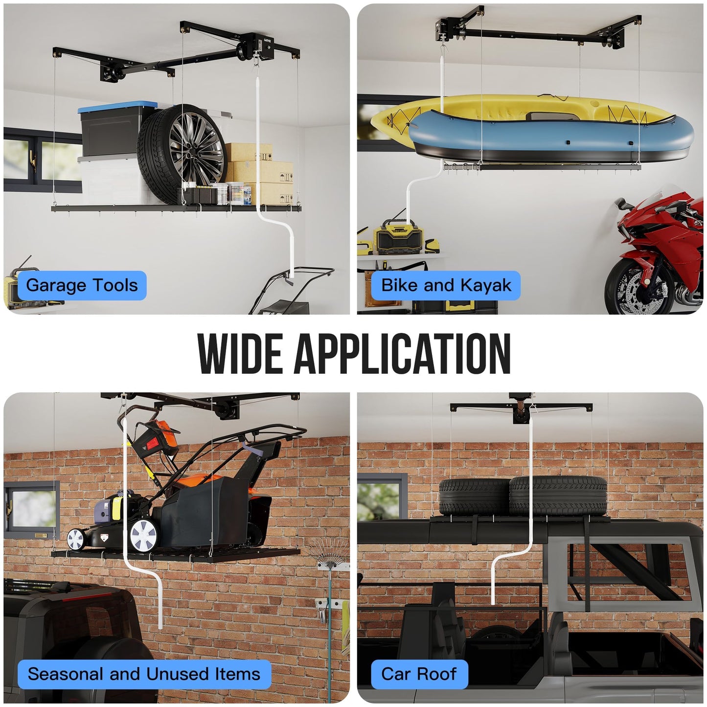 Garvee Overhead Garage Storage Rack Lift, 4x4 ft Ceiling Mounted Storage Racks, 79" Max Adjustable Height, 350lbs Weight Capacity, Heavy-Duty Metal Ceiling Rack for Organization