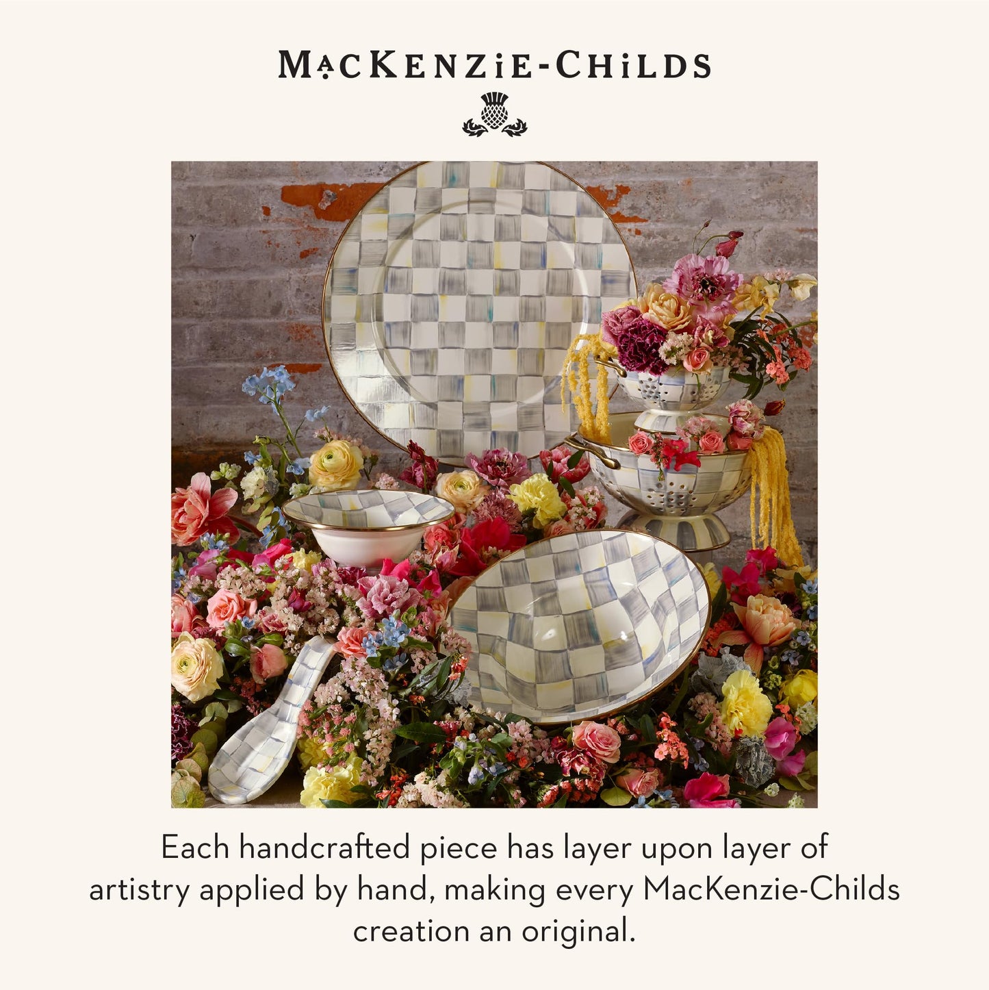 MACKENZIE-CHILDS Enamel Spoon Rest, Kitchen Spoon Holder and Utensil Rest for Stovetop, Grey-and-White Sterling Check