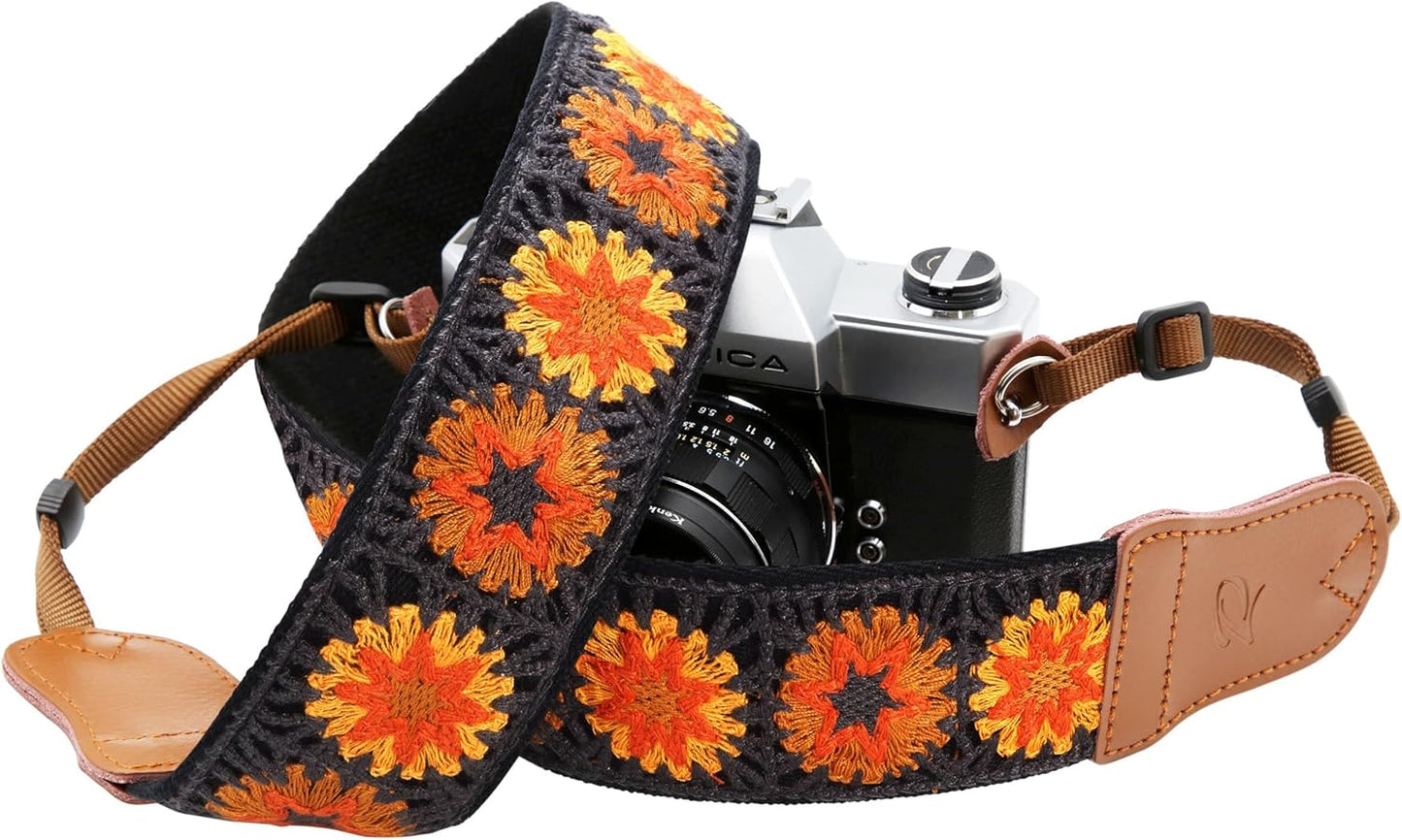 Ends,2" Padwa Lifestyle Hollow Crochet Orange Daisy Camera Strap - Double Layer Cowhide Cotton Vintage Camera Straps