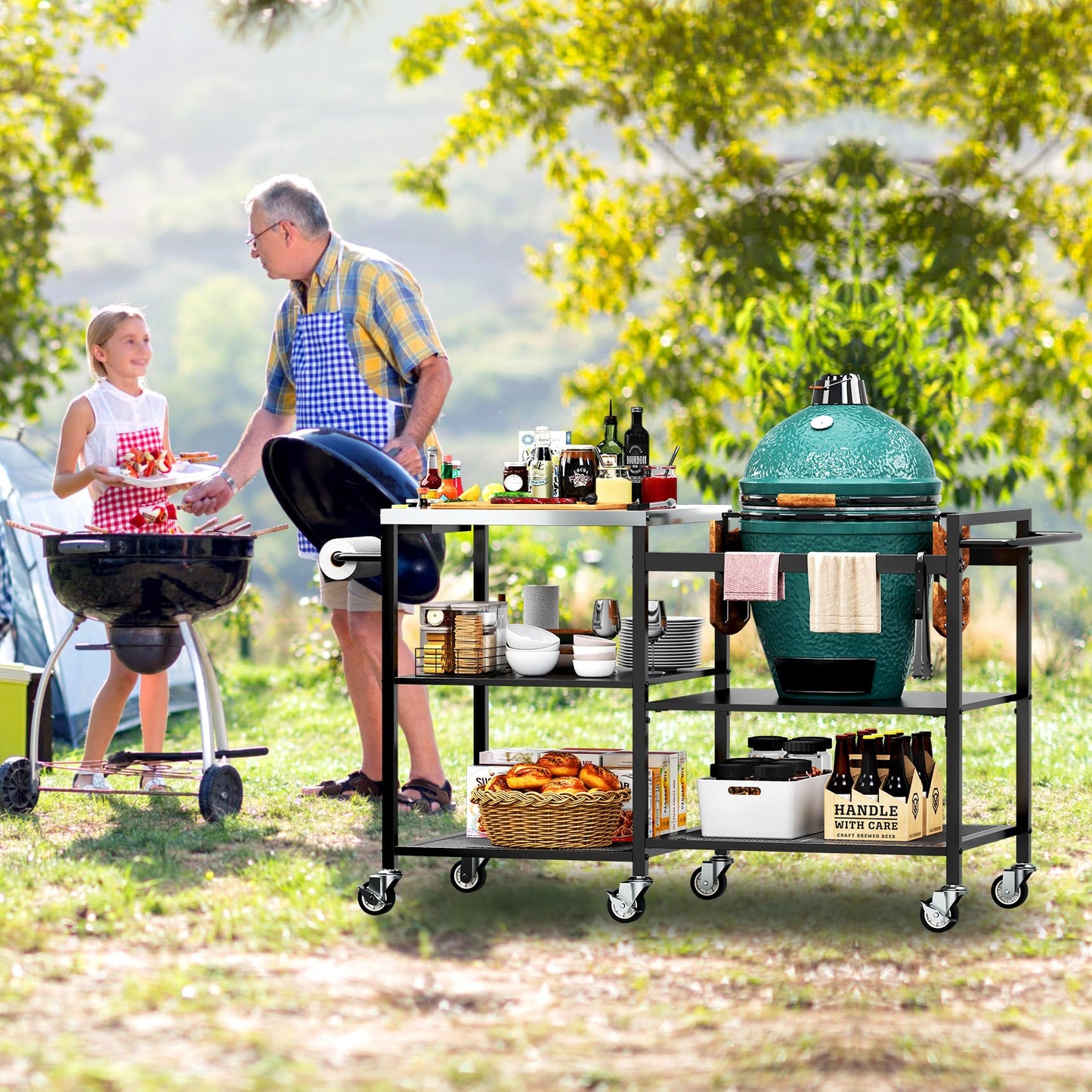 TC-HOMENY Grill Table for Big Green Egg Stand, Metal Cooking Table Stand with Wheels, Heavy Duty Outdoor Movable Style BBQ Grill Cart, Grill Holder Compatible with Large Big Green Egg and Other Models