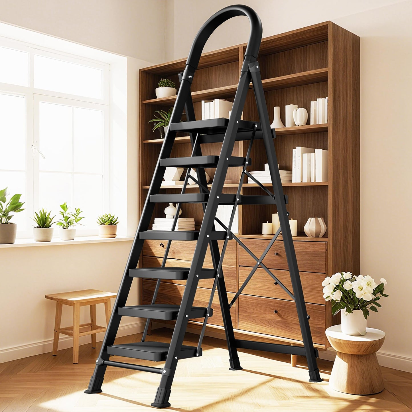 9 Step Folding Ladder,Portable Sturdy Carbon Steel Ladder for Home & Kitchen Use,Heavy - Duty Step Stool with Anti - Slip Pedal and Handrails,Black