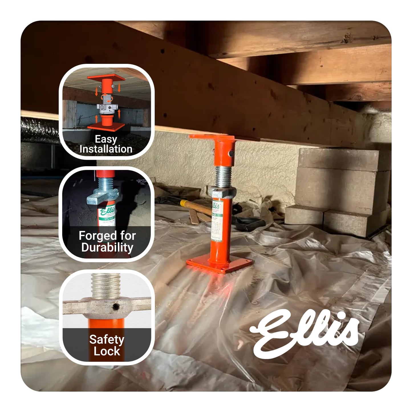 Ellis Manufacturing Light-Duty Steel Construction Jack - Adjustable Screw Jack Post for Floor Leveling, Beams, and Concrete - 20,000 lb Load Capacity - 13"-17" Adjustment, House Jacks for Leveling