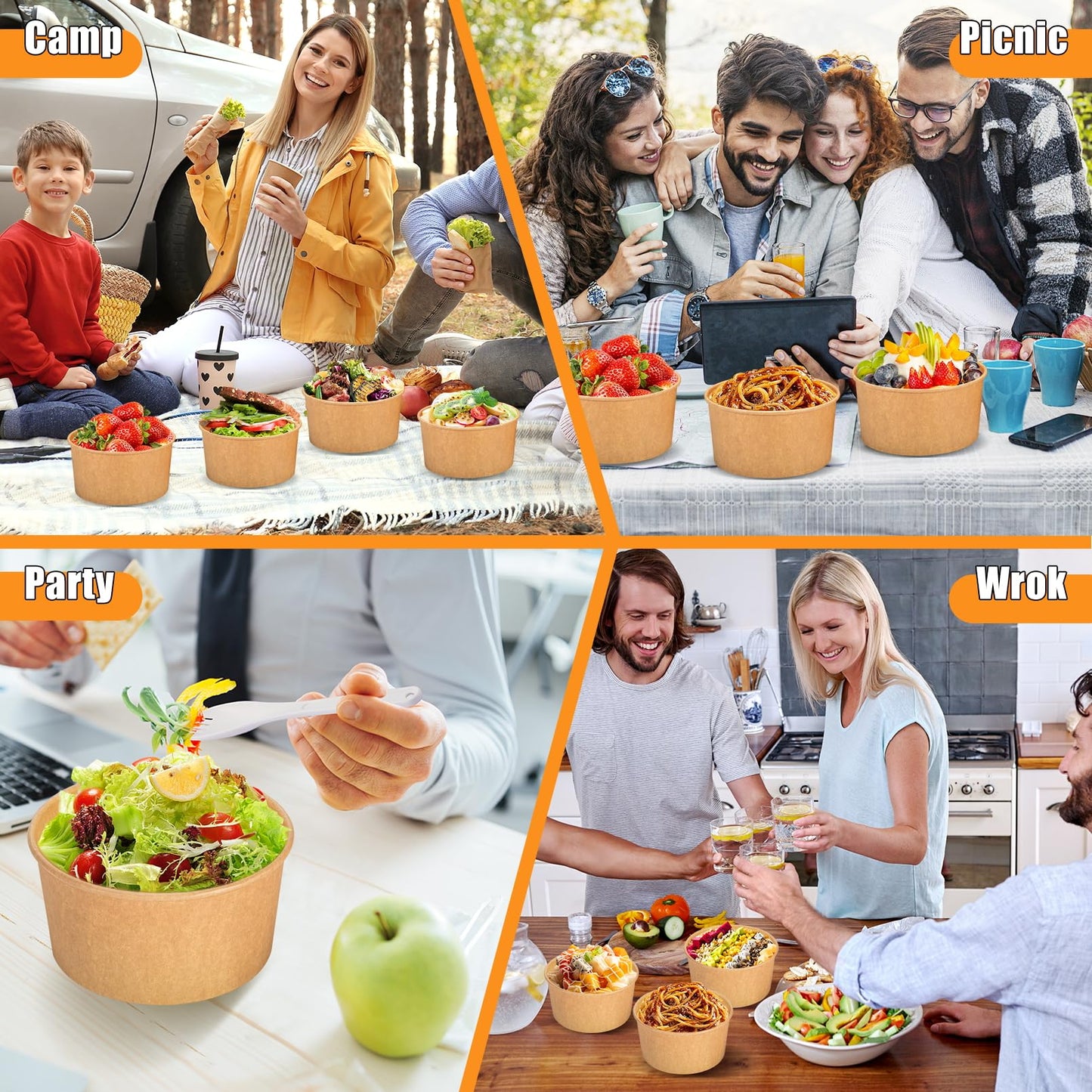 Enjamyo 30 Oz Large Paper Bowls,80Pcs Disposable Soup Bowls Bulk,Kraft Paper Salad Bowl without Lids,Disposable Serving Bowl for Soup,Hot/Cold Food,Salad,Ice cream,Dessert