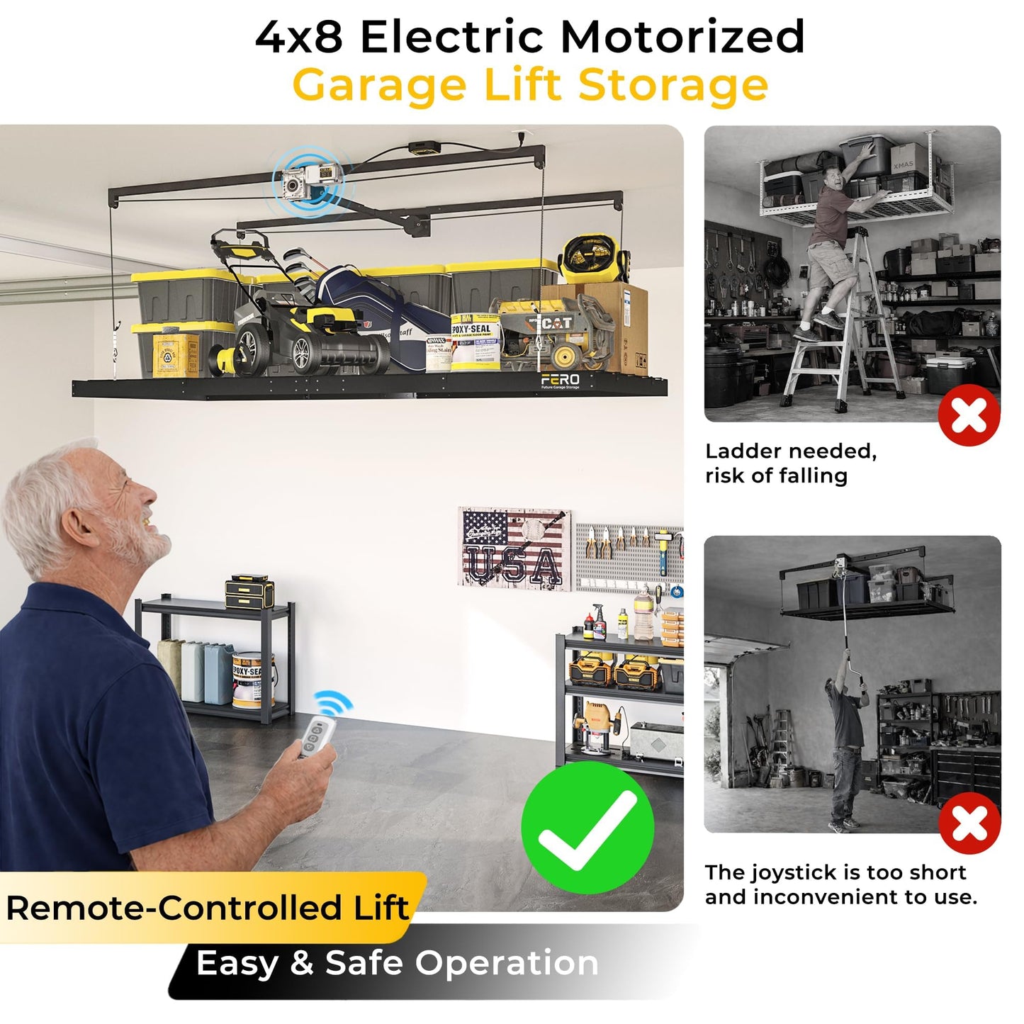FERO Motorized Overhead Garage Storage Rack with Remote Control, Heavy-Duty Ceiling Mounted Organizer, 4x8 FT Ceiling Storage Lift System, Space-Saving Hanging Garage Shelves, 325 LBS Capacity