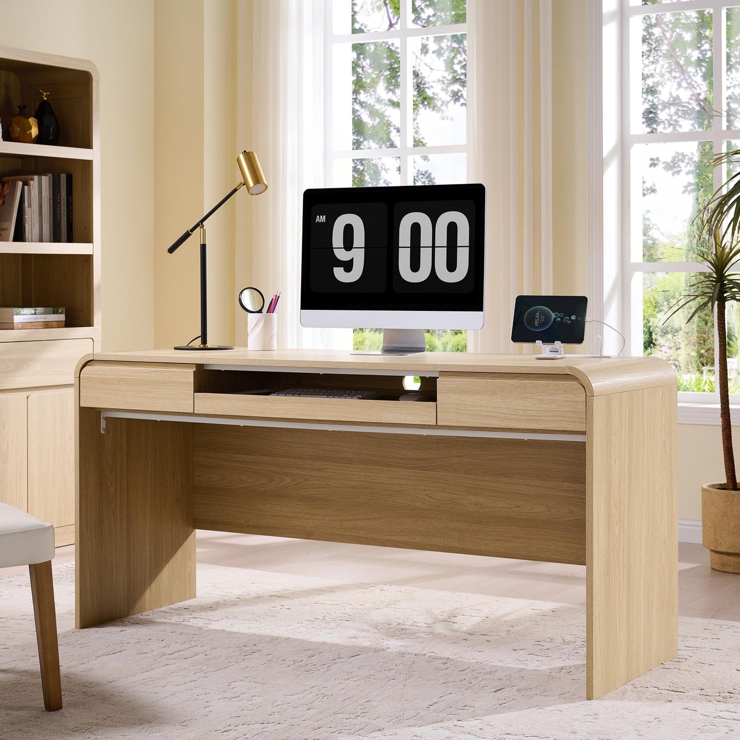 ALLTUFO 63" Modern Computer Desk with 2 Drawers, Wood Curved Executive Desk with Keyboard Tray & Power Outlet, Writing Desks with Storage for Home Office, Study Room, Living Room (Natural)