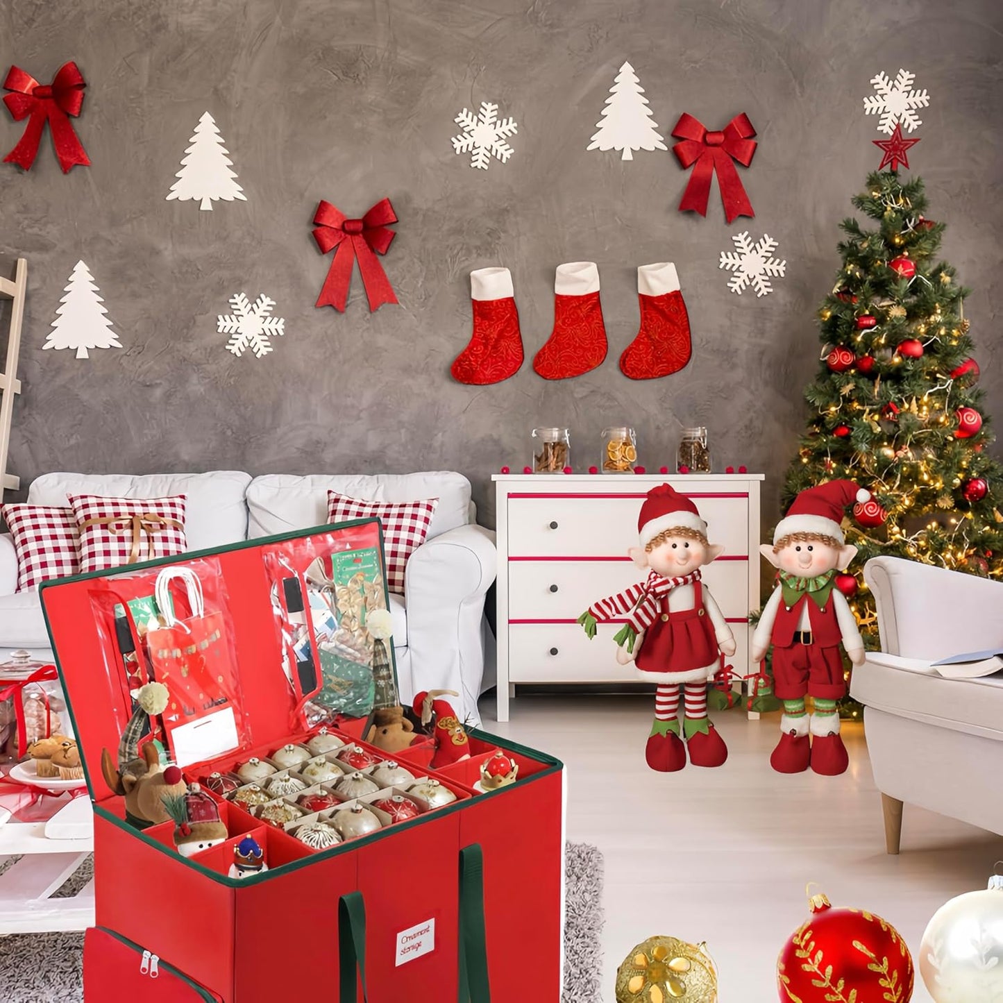 Skiennix Premium 2-in-1 Christmas Ornament Storage Box - Adjustable Dividers & 5 Trays for 73 Ornaments