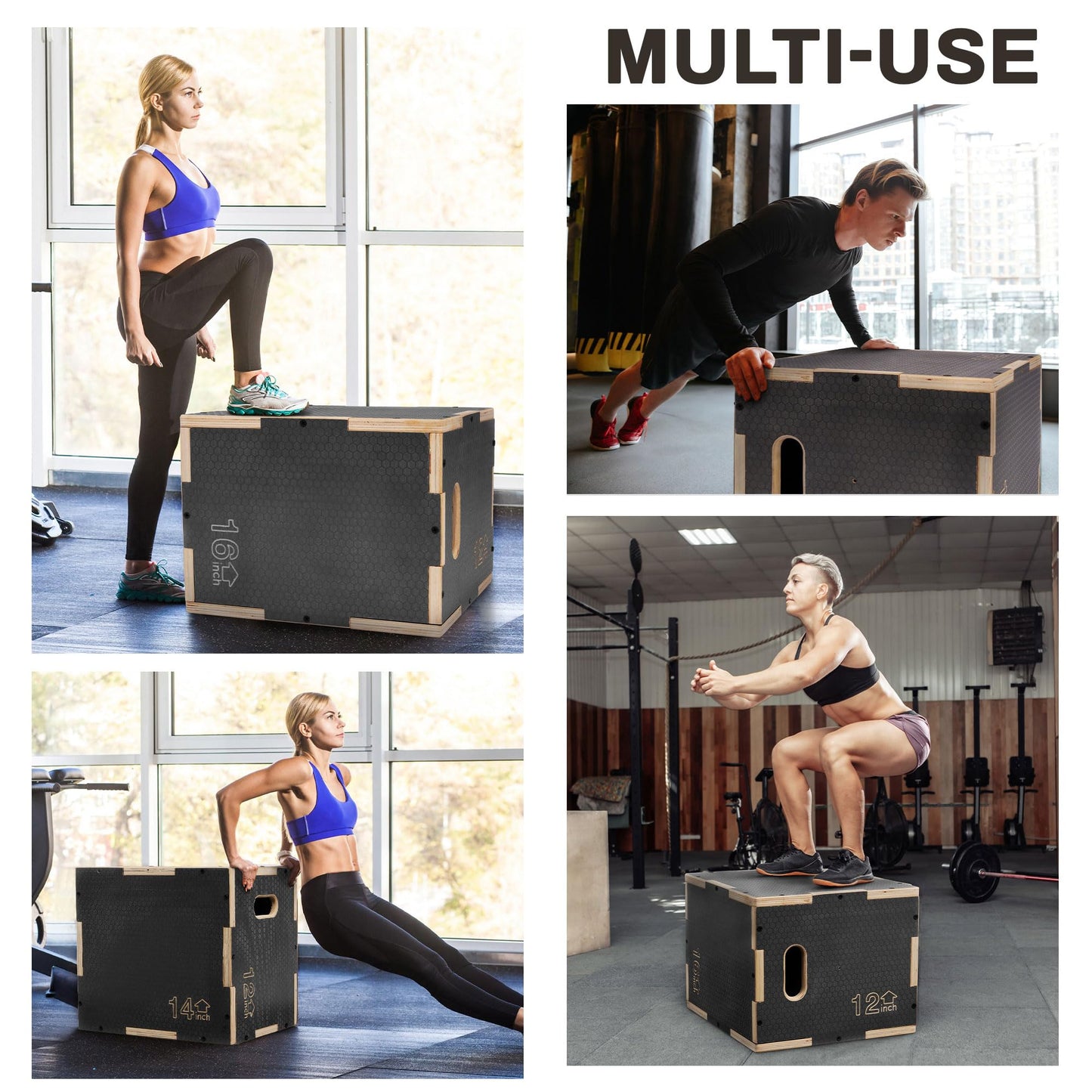 Fitvids 16" x 14" x 12" Non-Slip Wooden Plyo Box Jump Exercise Platform, Plyometric Workout Equipment for Home Gym, Training Step Box, Black