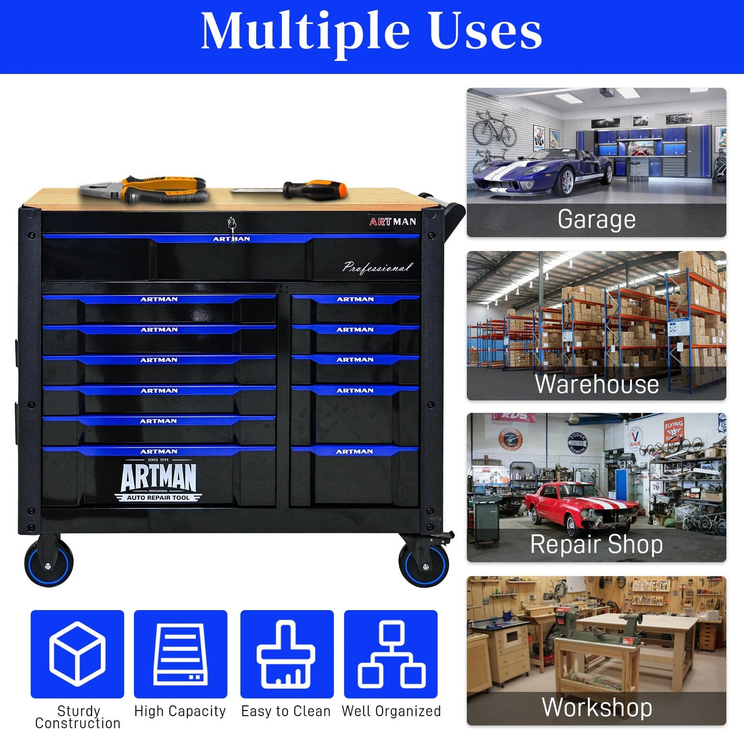 WIILAYOK Rolling Tool Chest on Wheels, Heavy Duty Metal Tool Cabinet Chest with 12 Drawers, Wooden Workbench Top, Large Tool Cart for Warehouse, Garage, Workshop, Repair Shop, Tool Organizer Chest