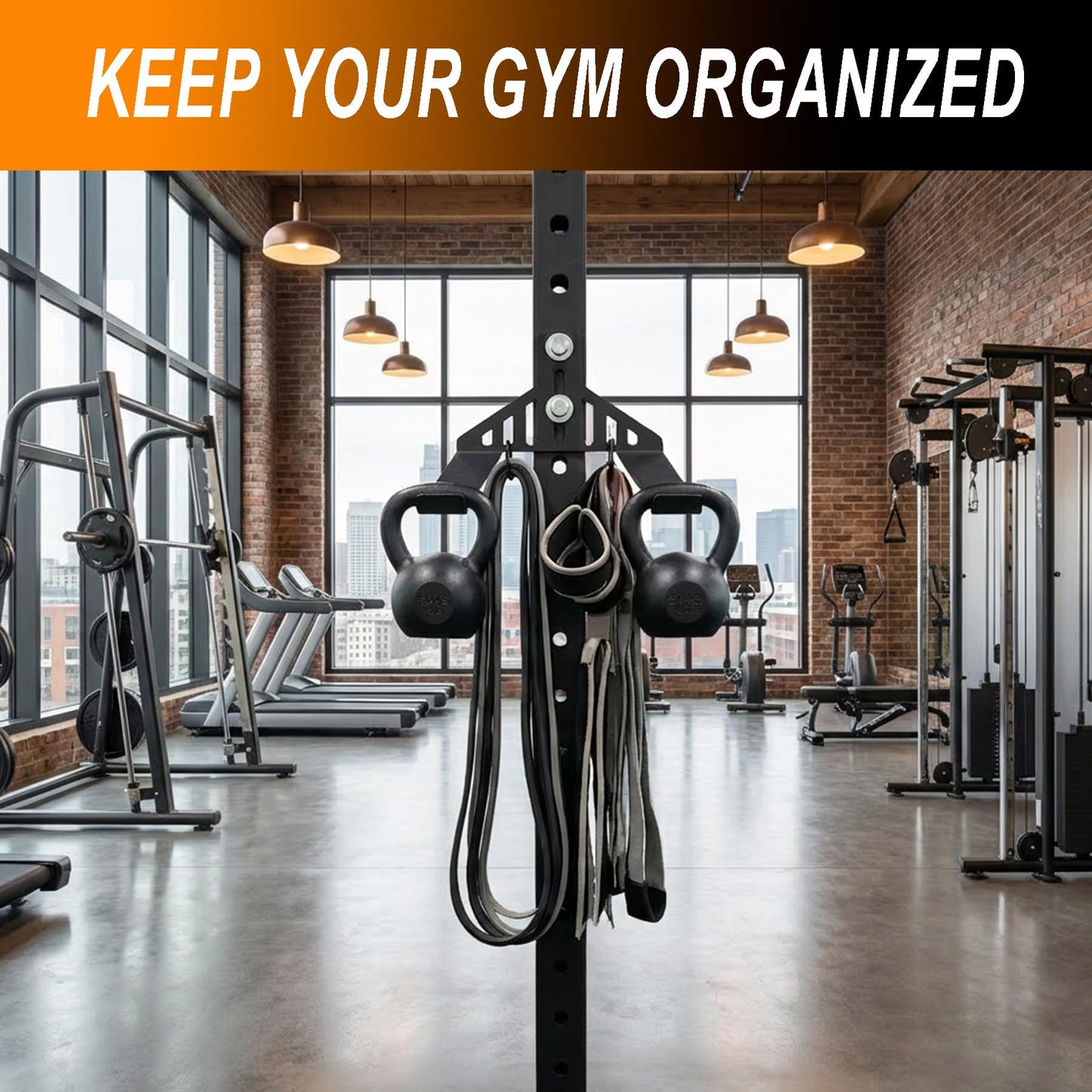 Lights Mountain Universal Dual Kettlebell Attachment with Carabiner Hooks, 5mm Steel Space-Saving Storage for Squat Rack, Silicone Padded Weight Holder for Resistance Bands & Kettlebells