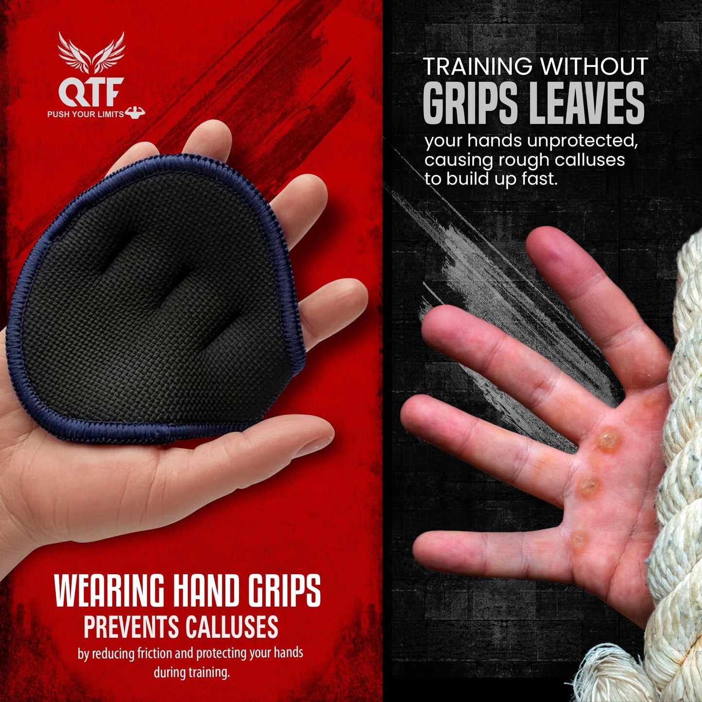 QTF Gym Grips Pads - Neoprene Gloves Gym Palm Protector Weight Lifting Grips Replacement of Workout Gloves Men and Women - Lifting Grips Pads for Weightlifting, Calisthenics & Pull Ups (Black)