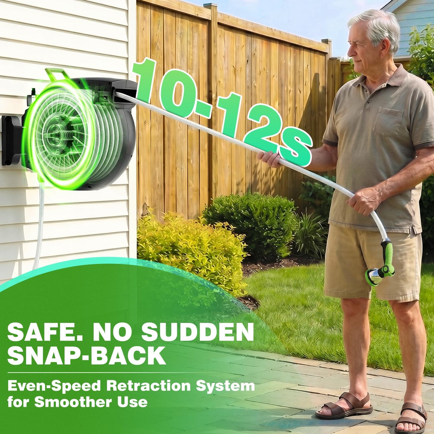 Retractable Garden Hose Reel 100FT x 1/2 in, Wall Mount Water Hose Reel for Outside with Auto Rewind, Tangle-Free Guide, 180° Swivel Bracket, Lock at Any Length, High-Pressure Flow, 10-Pattern Nozzle