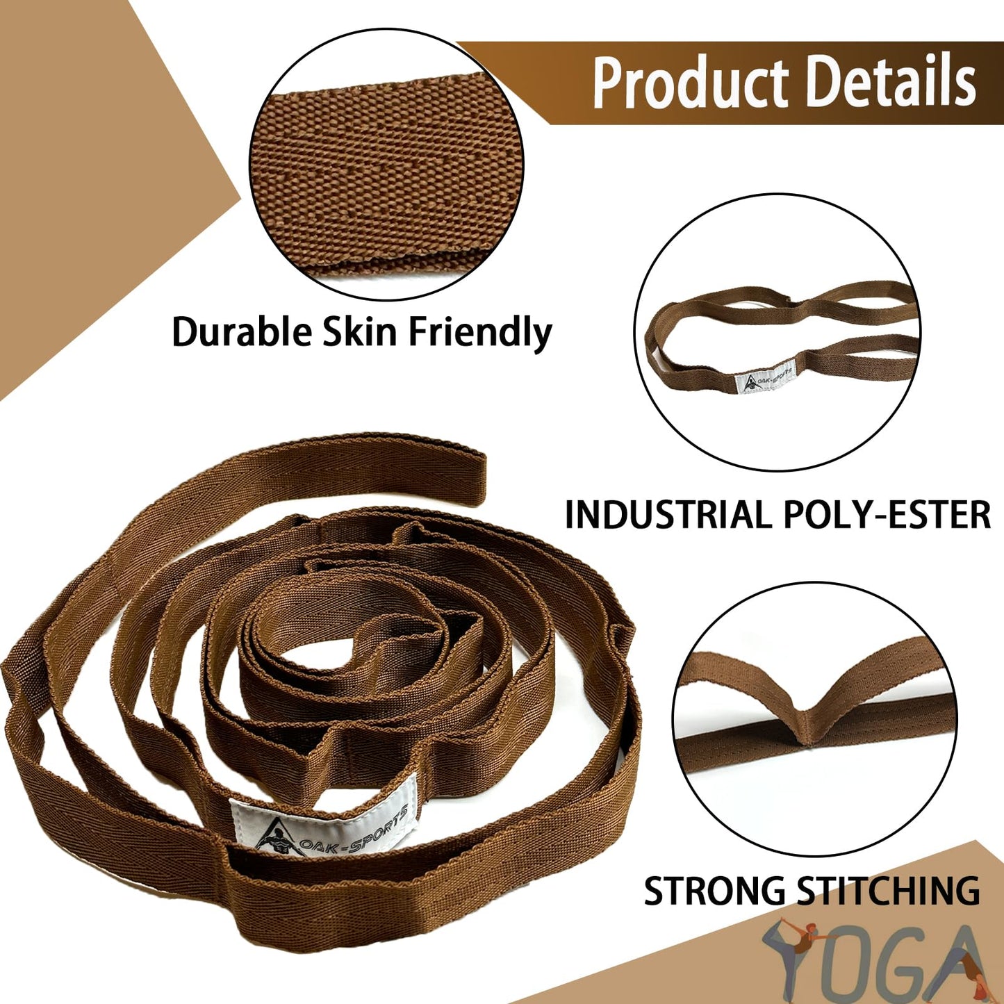 Stretching Strap Yoga Strap with Loops, Stretch Straps for Physical Therapy, Non-Elastic Exercise Strap for Pilates, Dance and Gymnastics with Workout Guide (Brown)