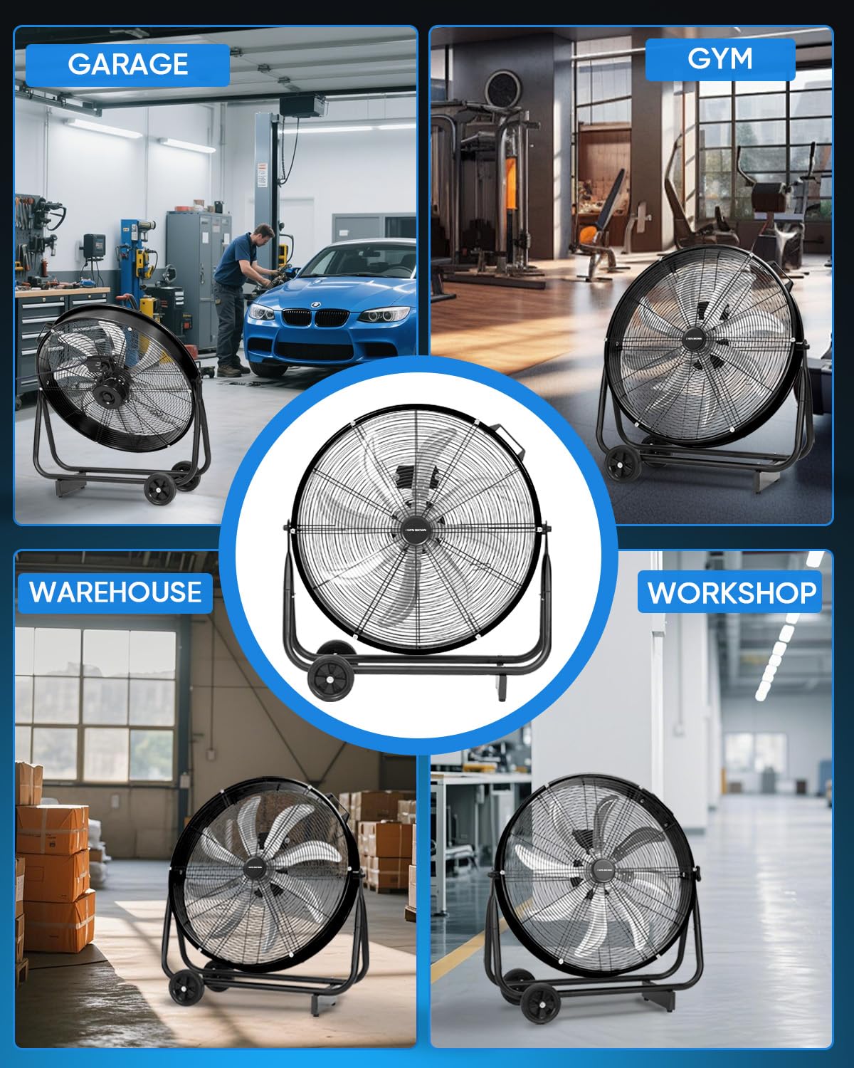 KEN BROWN 24 Inch Industrial Drum Fan, High Velocity Floor Shop Fan, Heavy Duty, 9500 CFM, 8 Blades, 3 Speeds, 360 Degree Tilt, Ideal for Industrial, Commercial, Gym, Garage Use, Black
