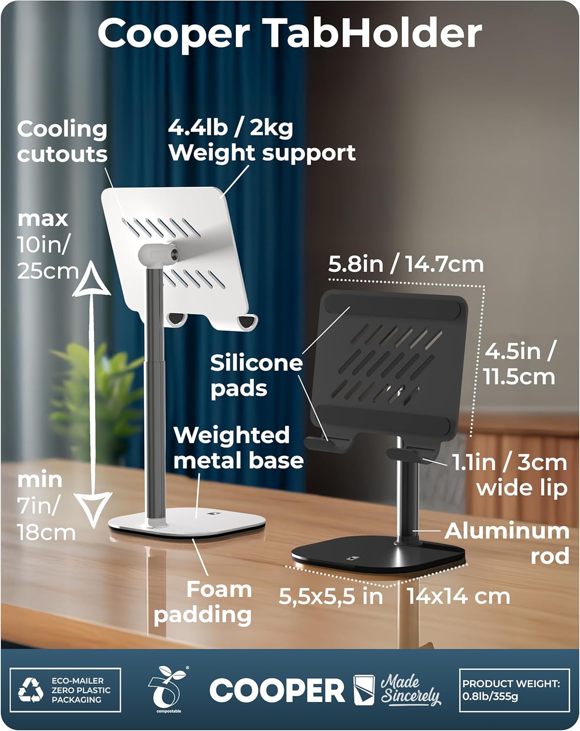 COOPER 7-10" 270 15.6-17" TabHolder, Height Adjustable Tablet Stand, Premium iPad Stand for Desk, Tilt iPad Holder