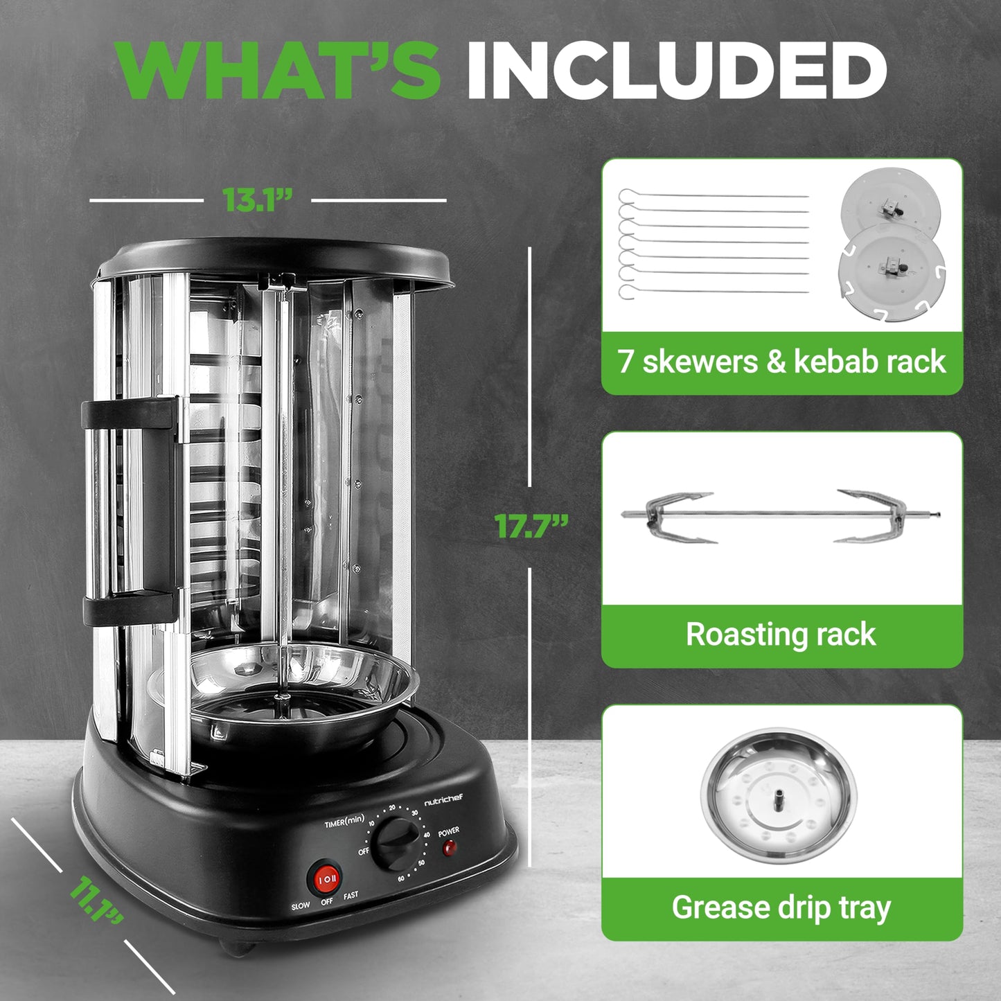 NutriChef Countertop Vertical Rotating Oven - Rotisserie Shawarma Machine, Kebob Machine, Stain & Heat Resistant Door & Energy Efficient, Includes Kebob Rack with 7 Skewers (PKRTVG34)
