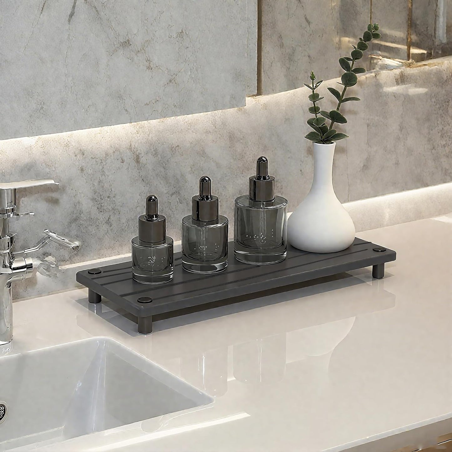 Skiennix Quick Dry Sink Caddy - Water Absorbing Stone Tray & Organizer for Kitchen or Bathroom