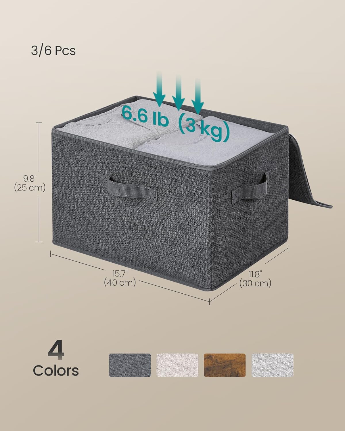 SONGMICS Foldable Storage Organizer Boxes - Set of 3 Bins with Lids & Handles | Slate Gray, 15.7 x 11.8 x 9.8 Inches