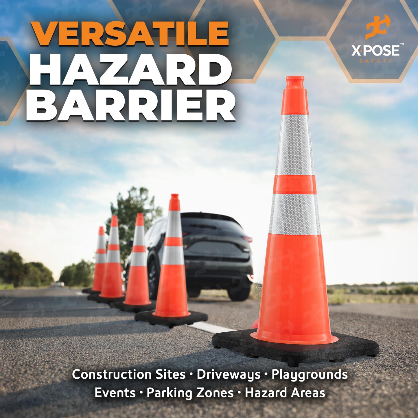 Xpose Safety 28 Inch Orange Slim Line Traffic Cones with 6" & 4" Collars, 6 Pack Multipurpose PVC Plastic Safety Cone for Parking, Soccer, Caution, Kids and Construction - DOT Approved