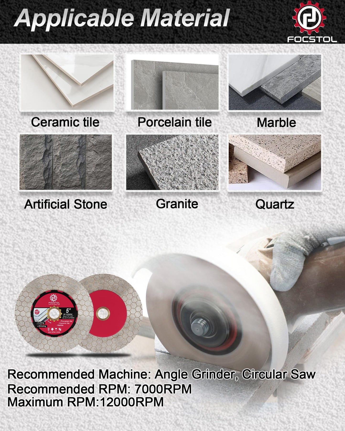 FOCSTOL Diamond Tile Hole Saw Kit 14pcs - (6/8/10/25/35/50/75/100/125mm+20mm Milling Bit+50mm Chamfer Bit+Hex+SDS+115mm Cutting Disc) Diamond Core Drill Bit Set for Porcelain, Tile, Ceramic, Marble