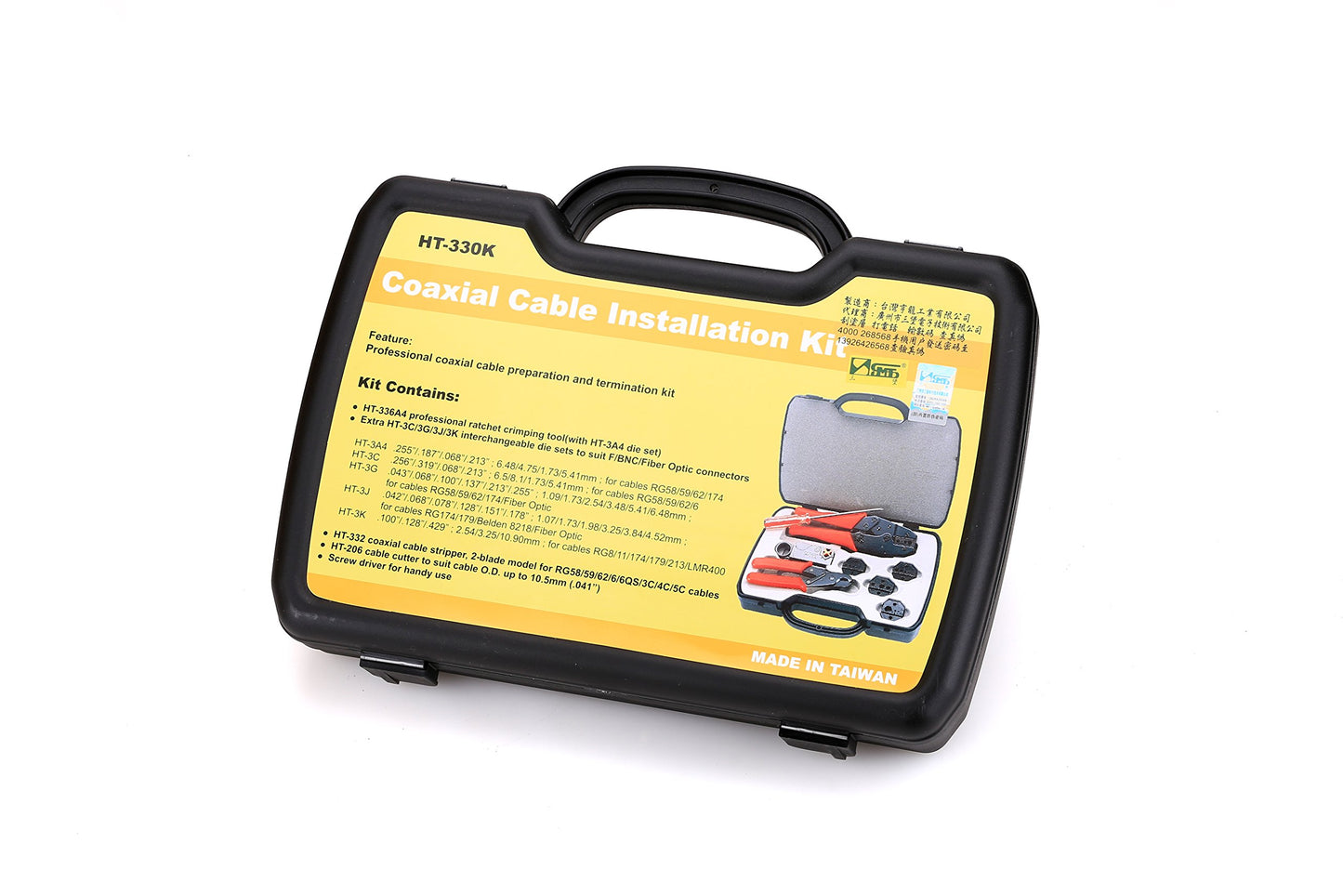 HT-330K Professional and Portable Network Tool Kit Bag, include Crimping Tool, Stripper, Cutter, Screwdriver and Four Crimp Models.