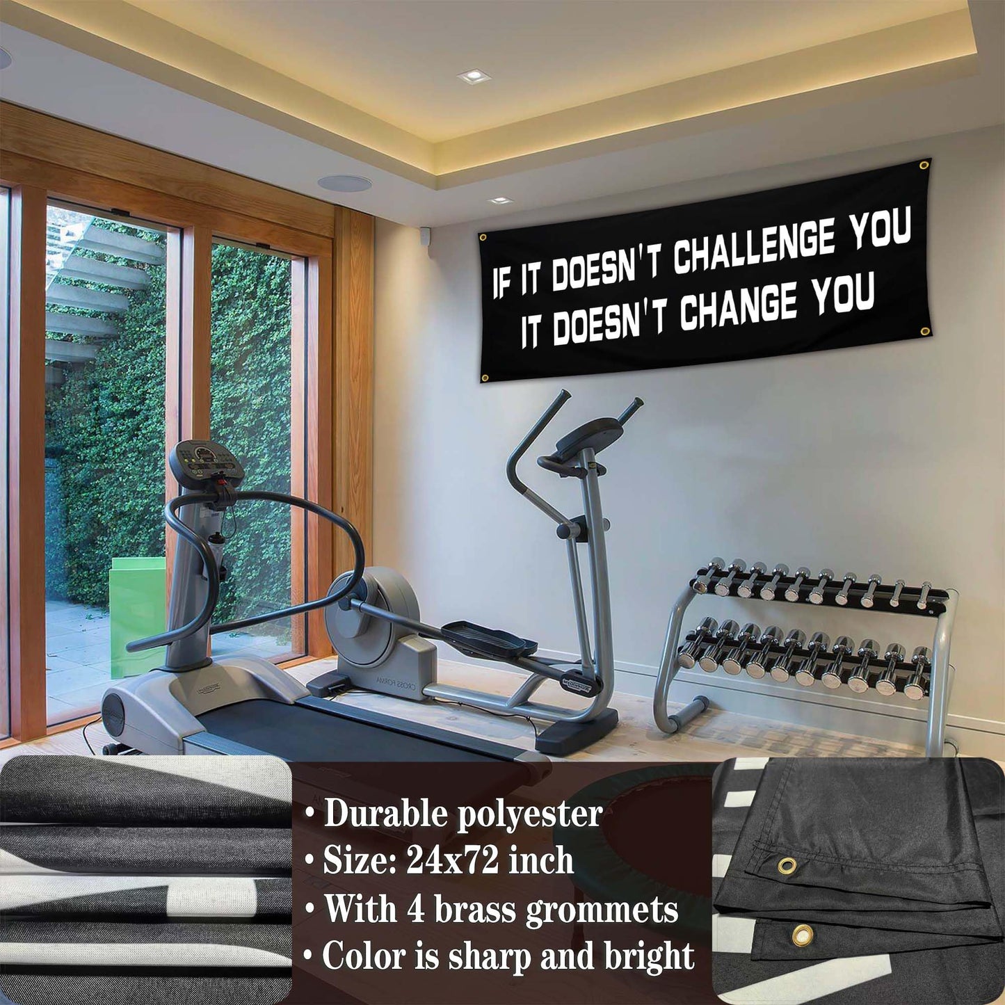 Bomtas Motivational Gym Posters Banners Flags for Home Gym Room Guys Office Bedroom It Doesn't Challenge You Inspirational Flag Banner 24x72 Inch Motivation Wall Art Decor