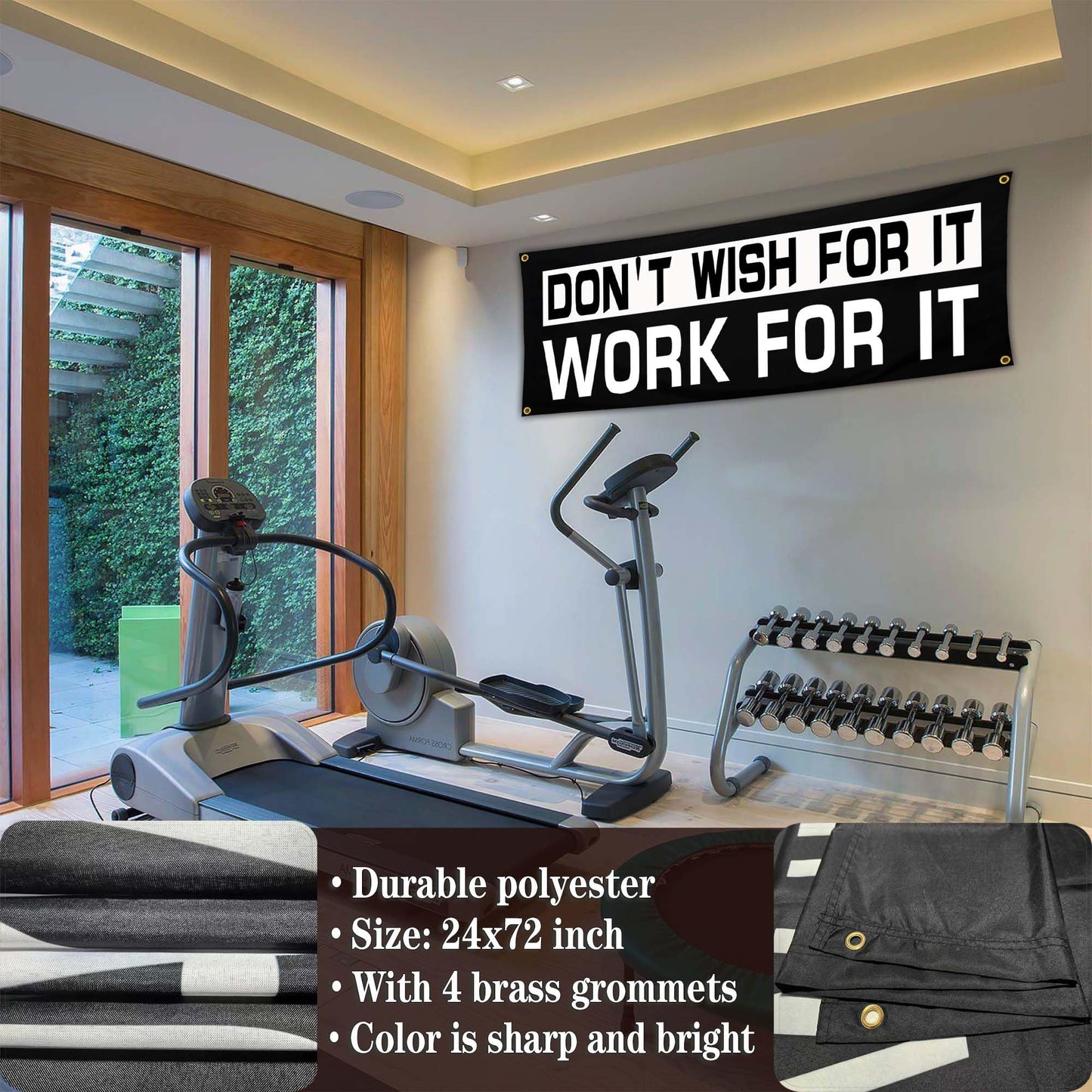 Bomtas Motivational Gym Posters Banners Flags for Home Gym Room Guys Office Bedroom Don't Wish for it Work for it Inspirational Flag Banner 24x72 Inch Motivation Wall Art Decor