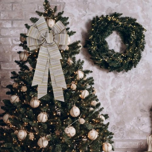 Meseey Burlap Ribbon Bow - Large 11 x 20 Inch Gold & Silver Glitter Stripe for Christmas Gifts & Party Decor