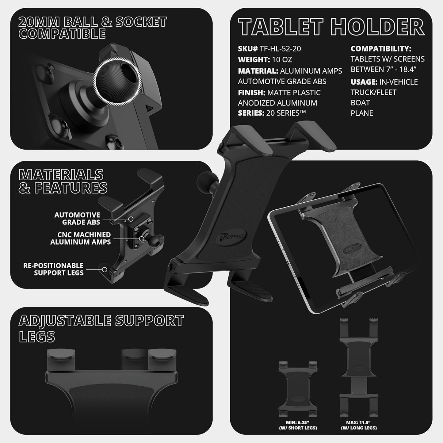 Tackform 20mm Commercial Universal Tablet Holder with Ball | Compatible with All iPad mini/Air/Pro, Galaxy Devices