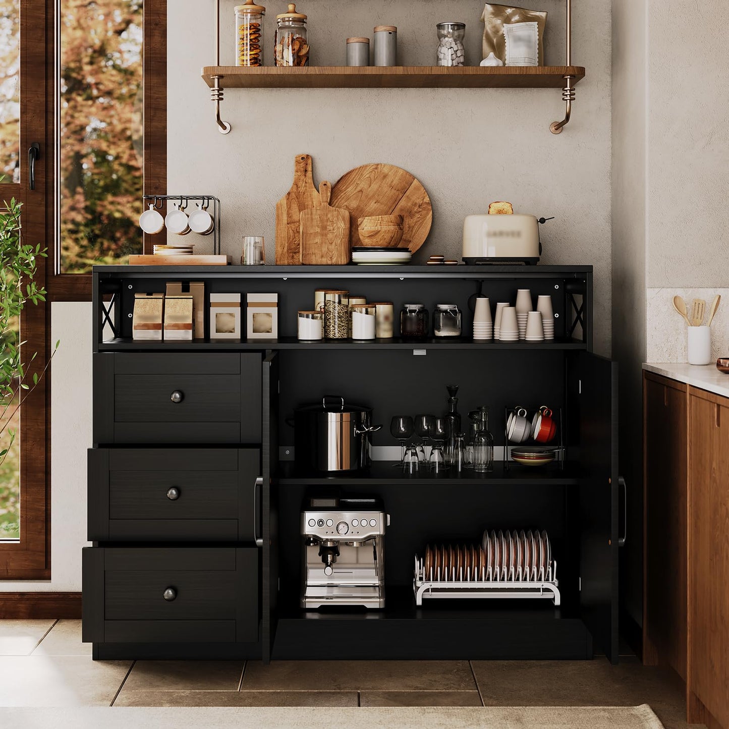 Farmhouse Buffet Cabinet with 3 Drawers & Open Shelf, Sideboard with Storage, 47" Kitchen Pantry Cabinet Hutch, Coffee Bar Station with Built-In Power Outlet for Kitchen, Dining Room- Black