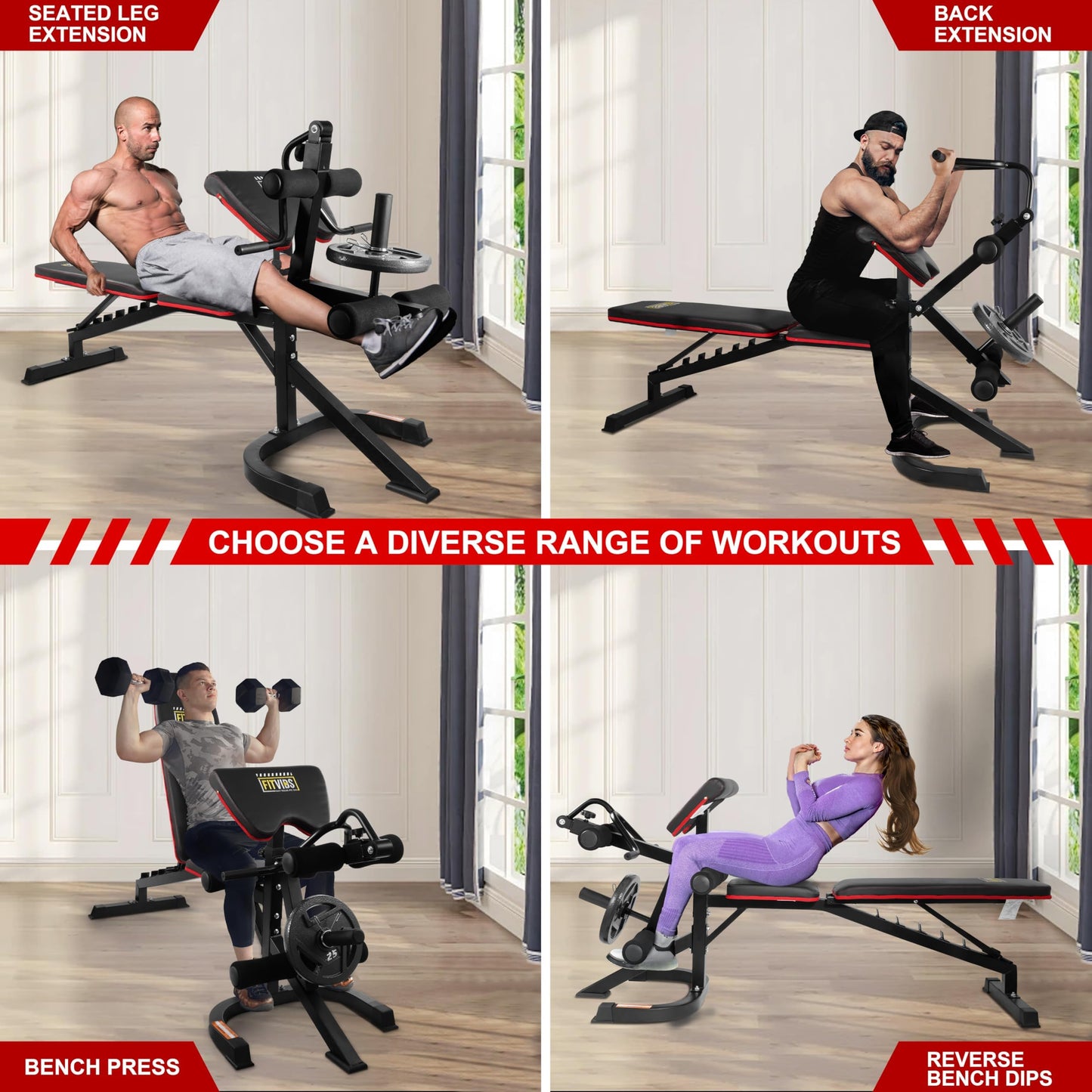 Fitvids Adjustable Weight Bench for Home Gym, 6-Position Utility Workout Bench with Leg Extension and Curl Machine, Preacher Pad, V-Handle, Weight Plate Holder, Heavy Duty Frame for Full Body Exercise