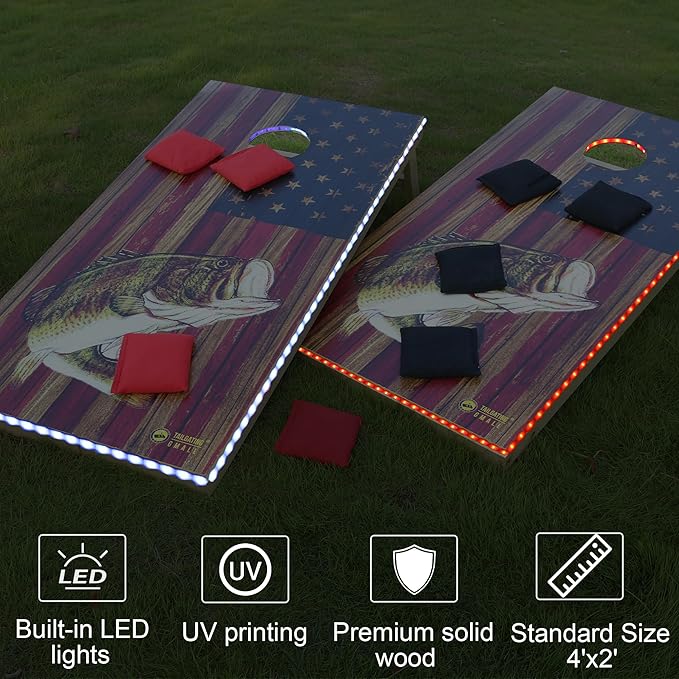 LED Cornhole Board Set 4FTx2FT Solid Wood Regulation Size Cornhole Set with LED Lights Includes 8 Cornhole Bags for Adults (USA Flag & Fish, 4'x2')