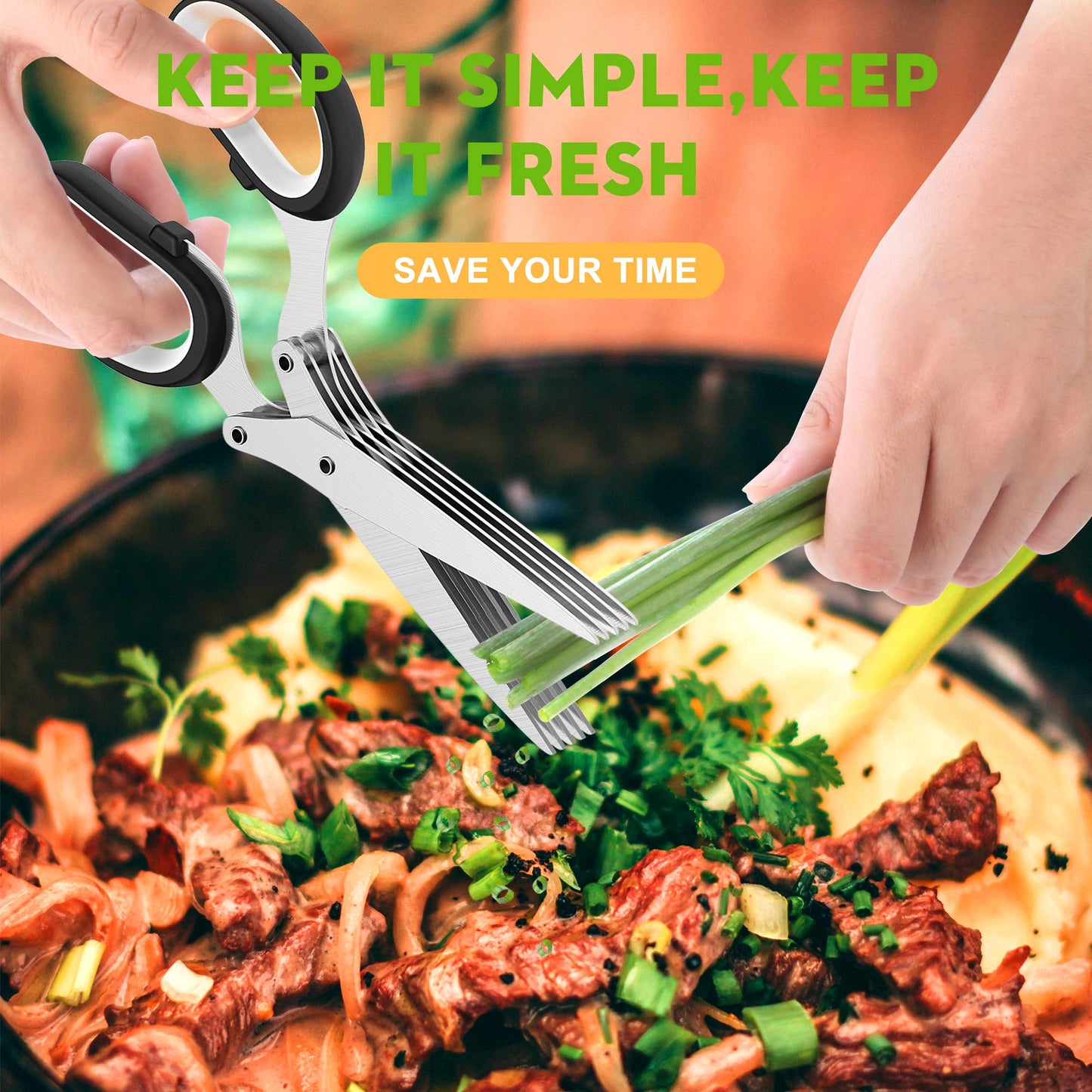 Herb Scissors with 5 Blades and Cover, Kitchen Herb Cutter with Cleaning Comb, Stainless Steel Multi Blade Herb Shears for Basil Parsley Cilantro, Easy Clean Cooking Tool, Unique Kitchen Gadgets Gift