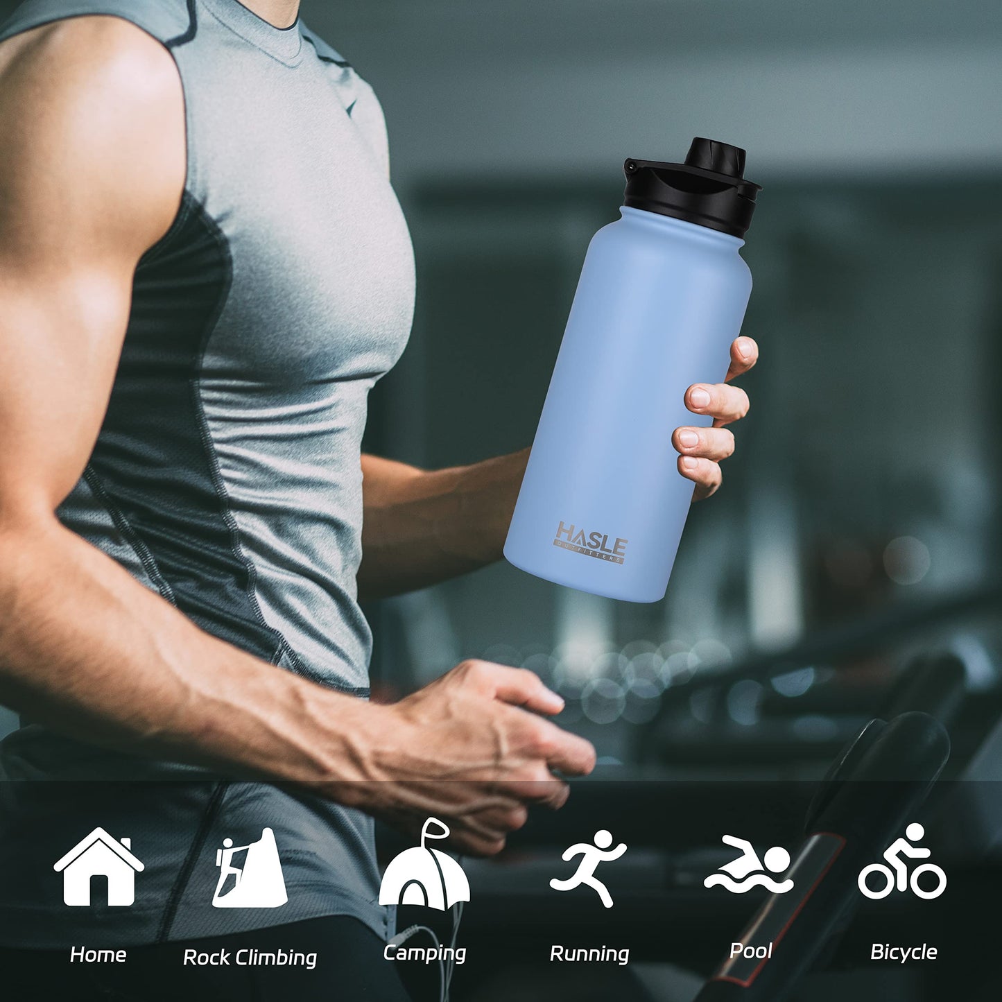 HASLE OUTFITTERS 32 oz Insulated Water Bottle Stainless Steel Double Walled Vacuum Sports Water Bottle with 2 Lids (Straw and Spout Lid) for Gym Camping Hiking(Blue,4)