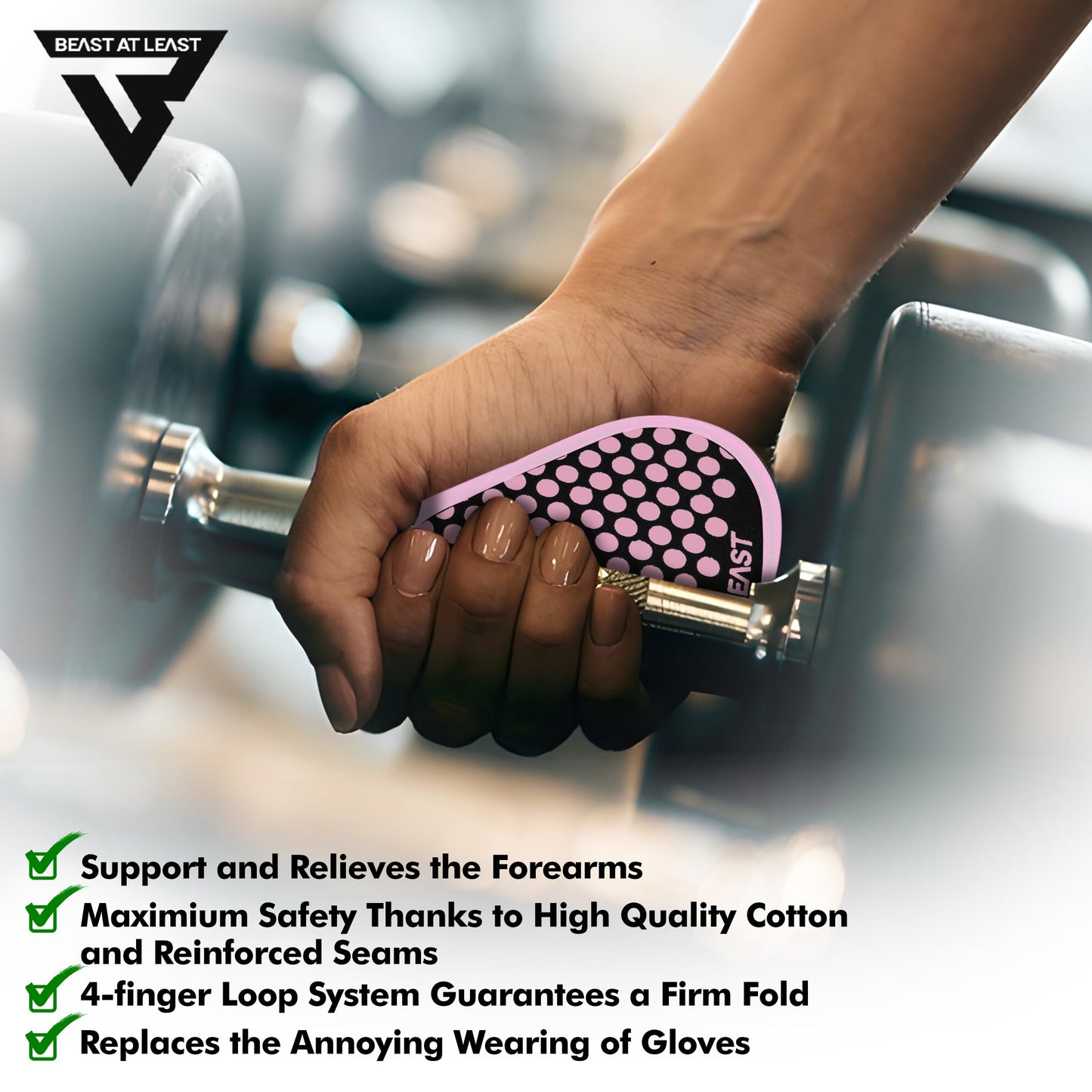 Beast AT Least Grip Pads for Weightlifting & Fitness – Non-Slip, Breathable Palm Protectors for Men & Women – Ideal for Gym Workouts, Cross Training, Pull-Ups & Deadlifts (Pink, L/XL)