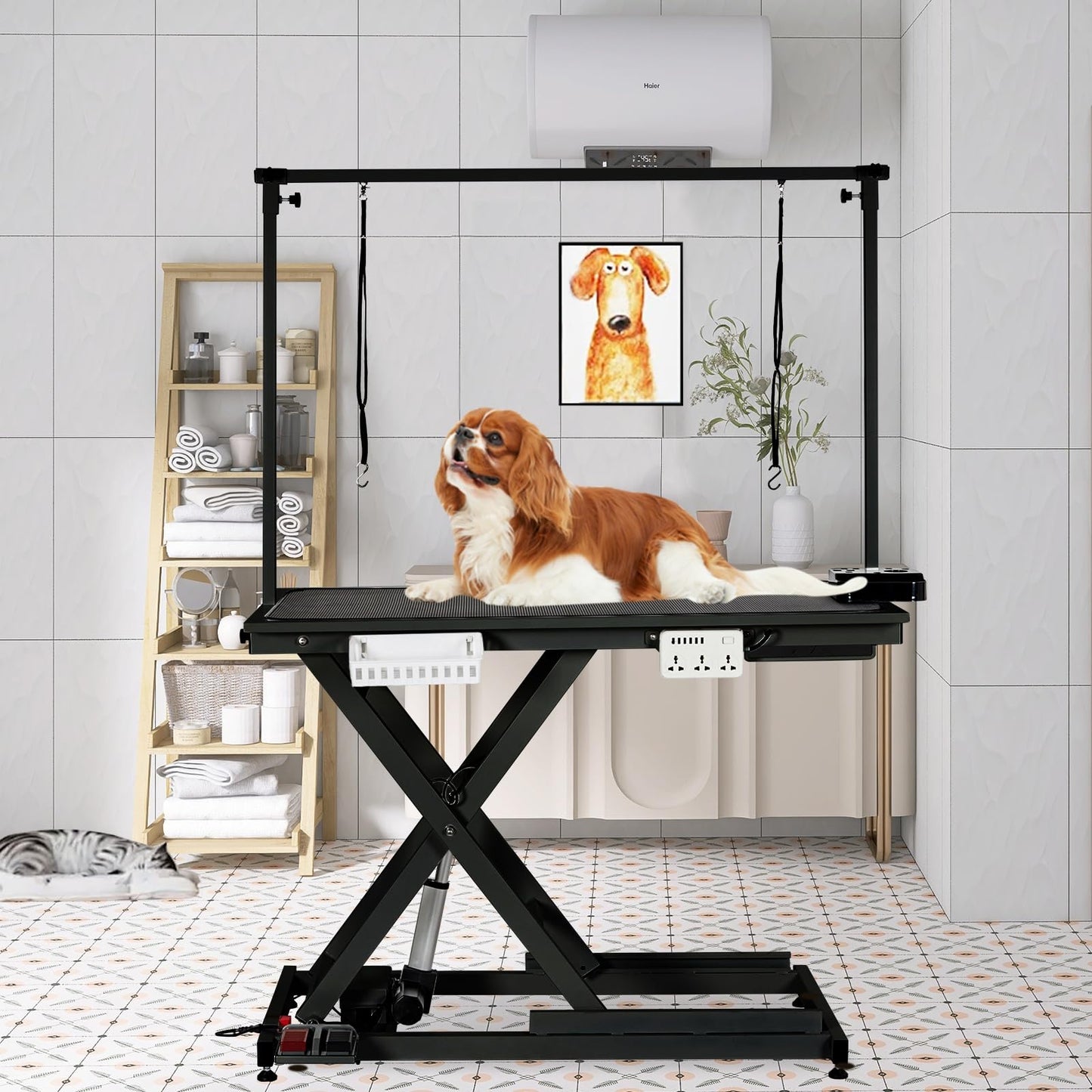 PeacefulHues 50" Electric Hydraulic Dog Grooming Table, Heavy Duty Grooming Table with Aluminium Overhead Arm, Anti Slip Tabletop, 6 USB Ports for Home and Salon, Maximum Capacity Up to 300Lb, Black
