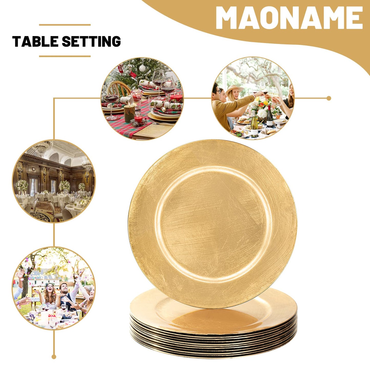 MAONAME Foil Gold Charger Plates Set of 12, 13" Plate Chargers for Dinner Plate, Plastic Round Chargers for Table Setting, Wedding Bulk