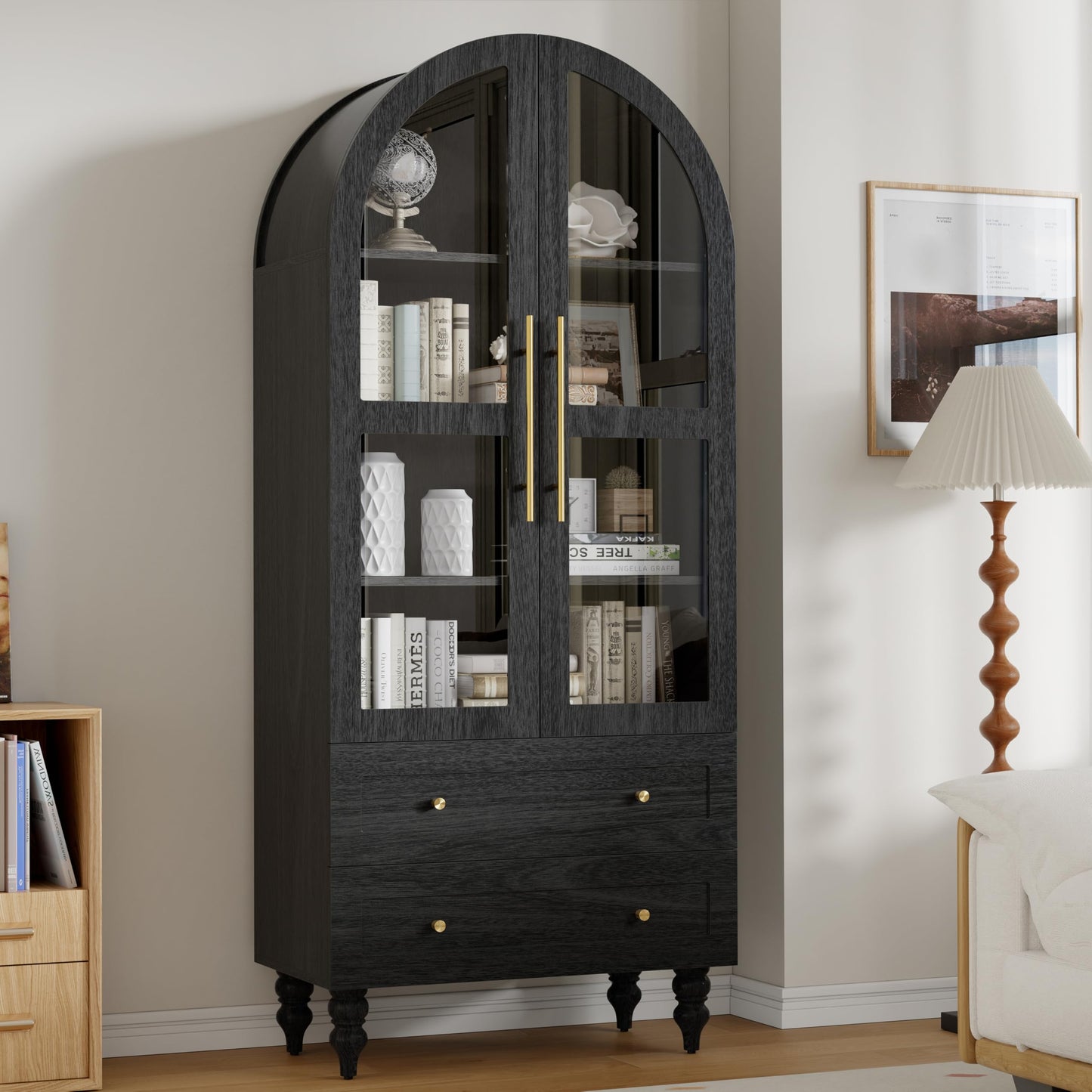 Shintenchi Tall Arched Kitchen Pantry, Modern Farmhouse Wood Kitchens Storage Cabinet with Glass Doors & Adjustable Shelves and 2 Large Drawers,Versatile Cupboard for Kitchen, Dining Room, Black
