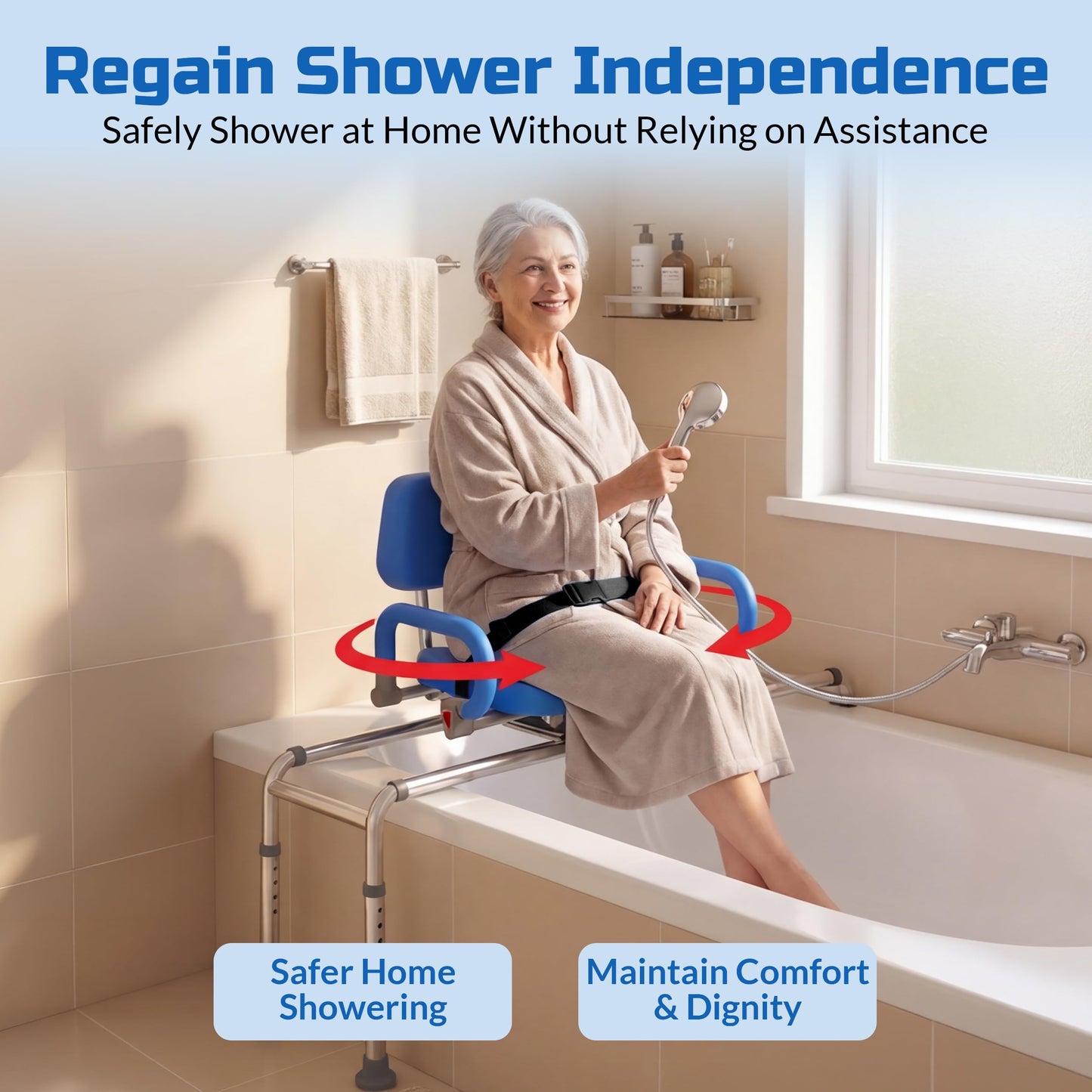Platinum Health Carousel Sliding Shower Chair Tub Transfer Bench with Swivel Seat, Premium Padded, Pivoting Arms, Adjustable Space Saving Design for Tubs, Inside Shower, for Handicap & Seniors, Blue