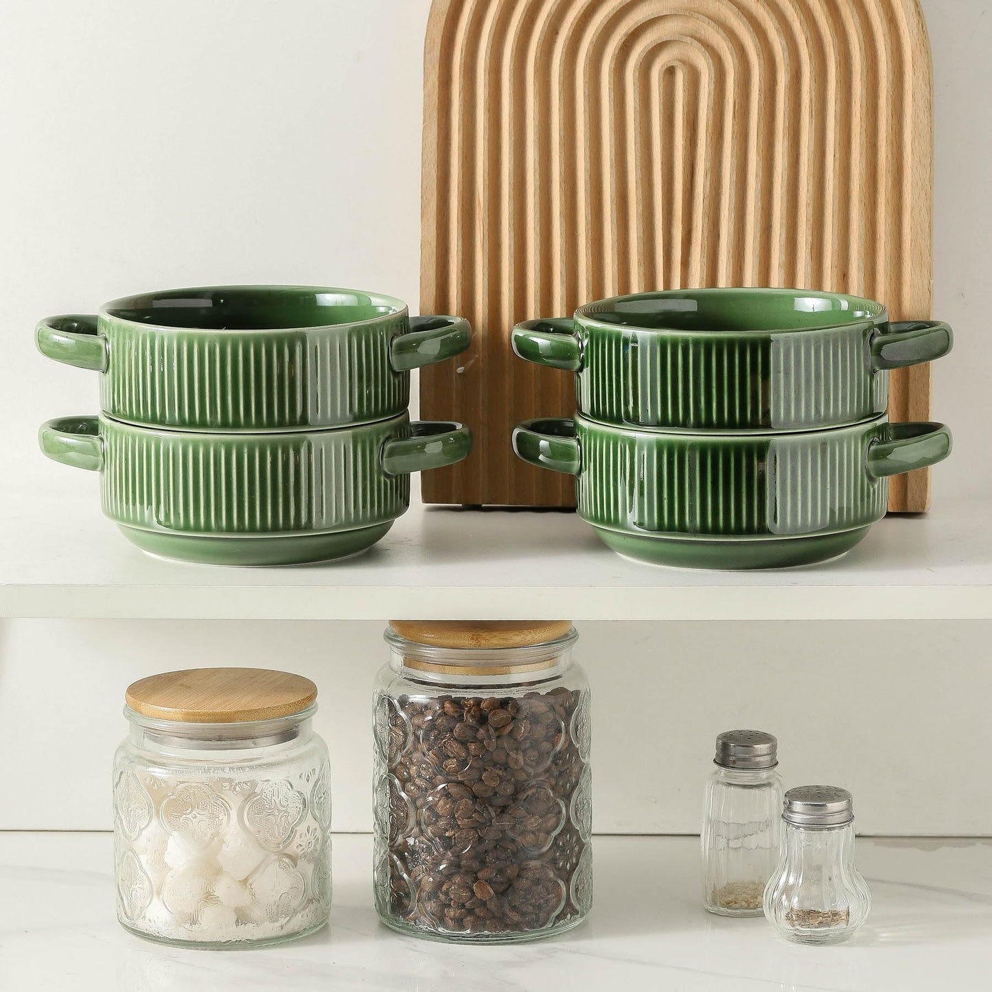 Howise Soup Bowls with Handles, 23 oz French Onion Soup Crocks, Stackable Soup Bowl Oven Safe for Chili, Beef Stew, Embossment Ceramic Bowl Set - 5.4 Inch, Set of 4 (Green)
