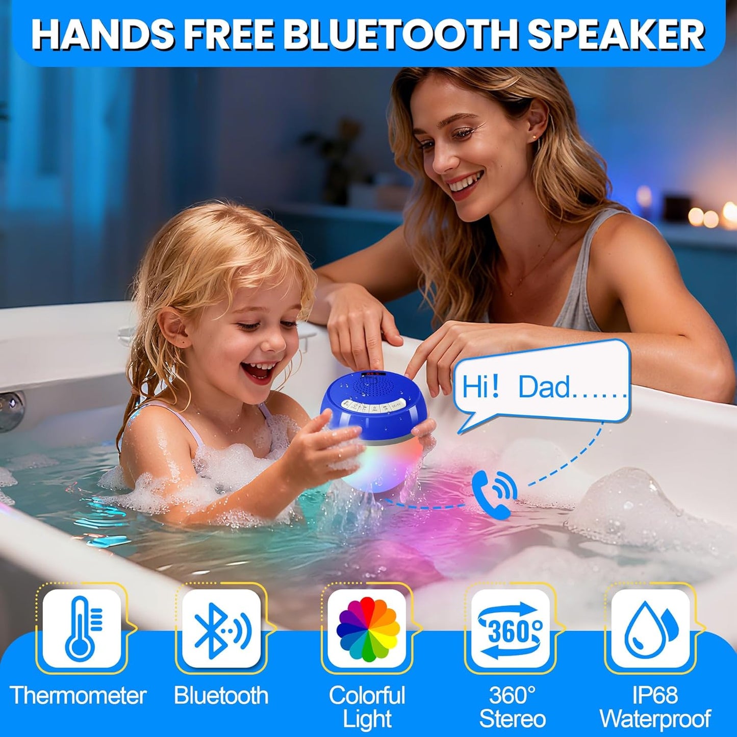 LanAqua 3 1 IP68 in Bluetooth Pool Speaker with Digital Thermometer, Floating Pool Speaker with Colorful Lights,Hot Tub