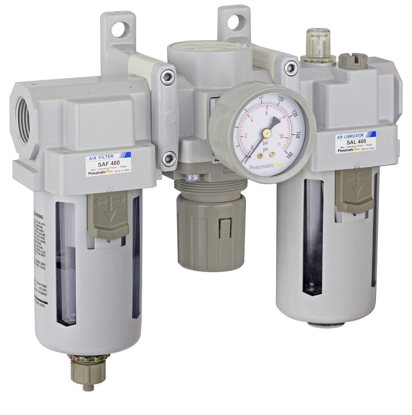 PneumaticPlus SAU400-N06G Compressed Air Filter Regulator Lubricator Combo 3/4" NPT - Poly Bowl, Manual Drain, Bracket, Gauge