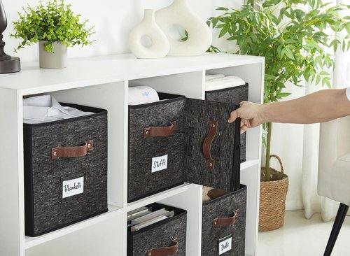 DECOMOMO Storage Bins - Fabric Cube Storage Bins with Labels | 10.5" x 11" | Set of 6, Black Pattern