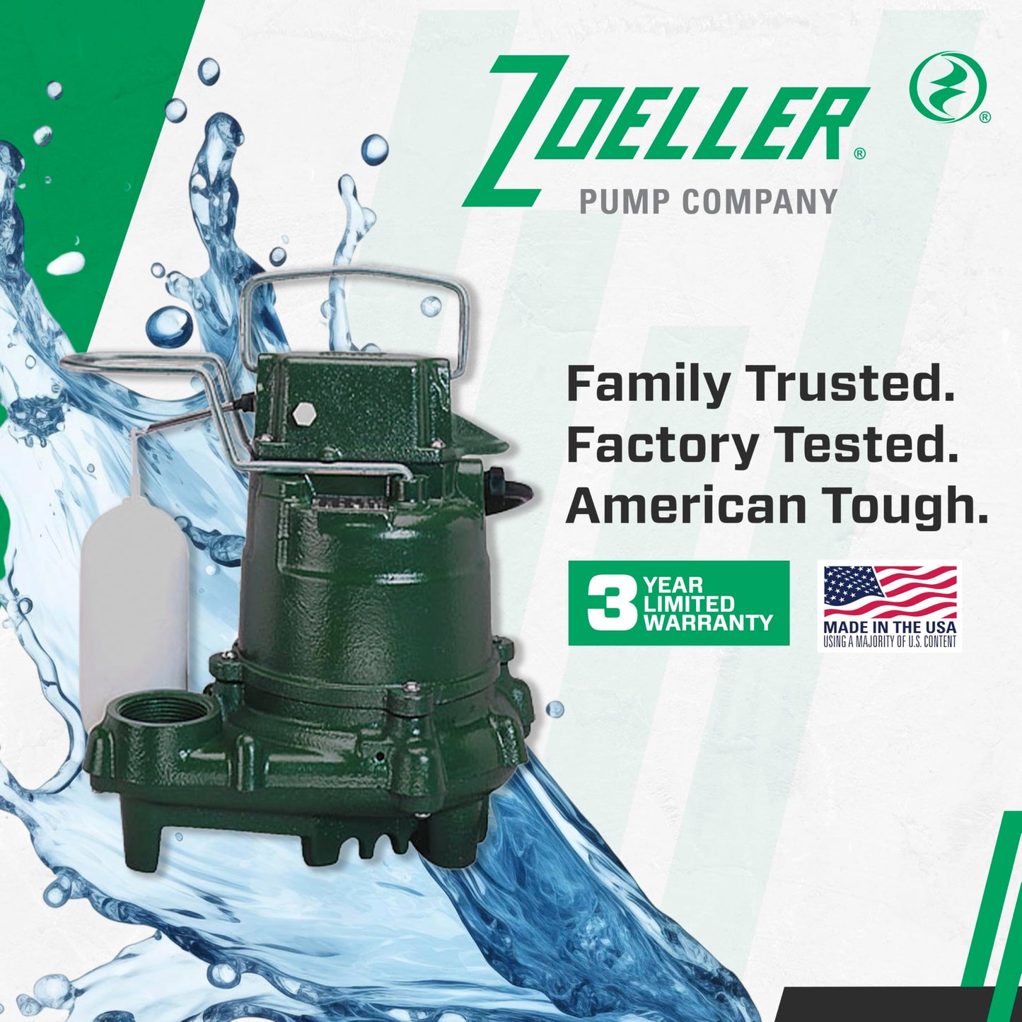 Zoeller M57 Mighty-Mate Submersible Sump Pump - 3/10 HP Cast Iron - 9′ Cord — Vertical Float - 1.5″ Discharge - Factory-Tested - Basement Sump Pump - 115V
